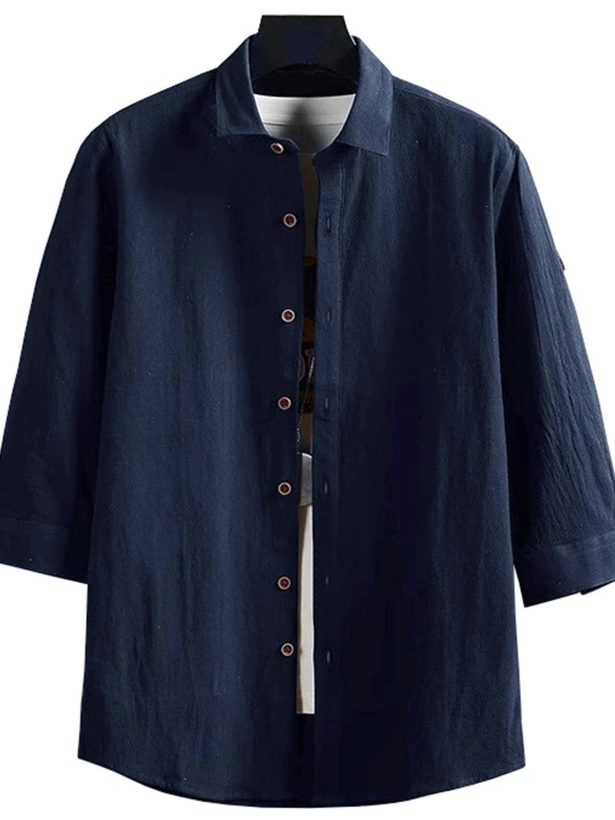 Men's navy blue short-sleeve button-up shirt with pointed collar and button placket