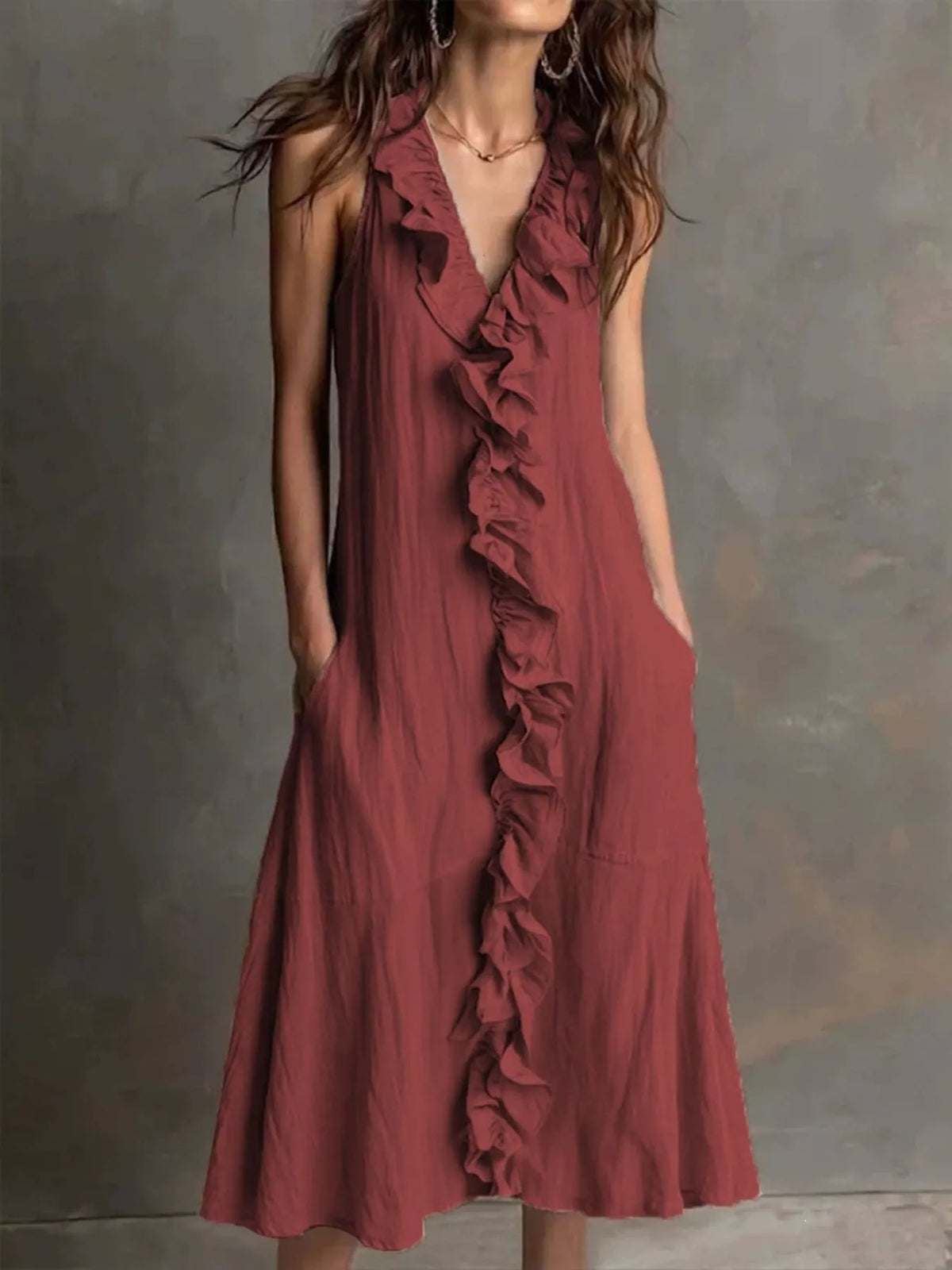 Burgundy sleeveless V-neck ruffle midi dress with tiered front ruffle