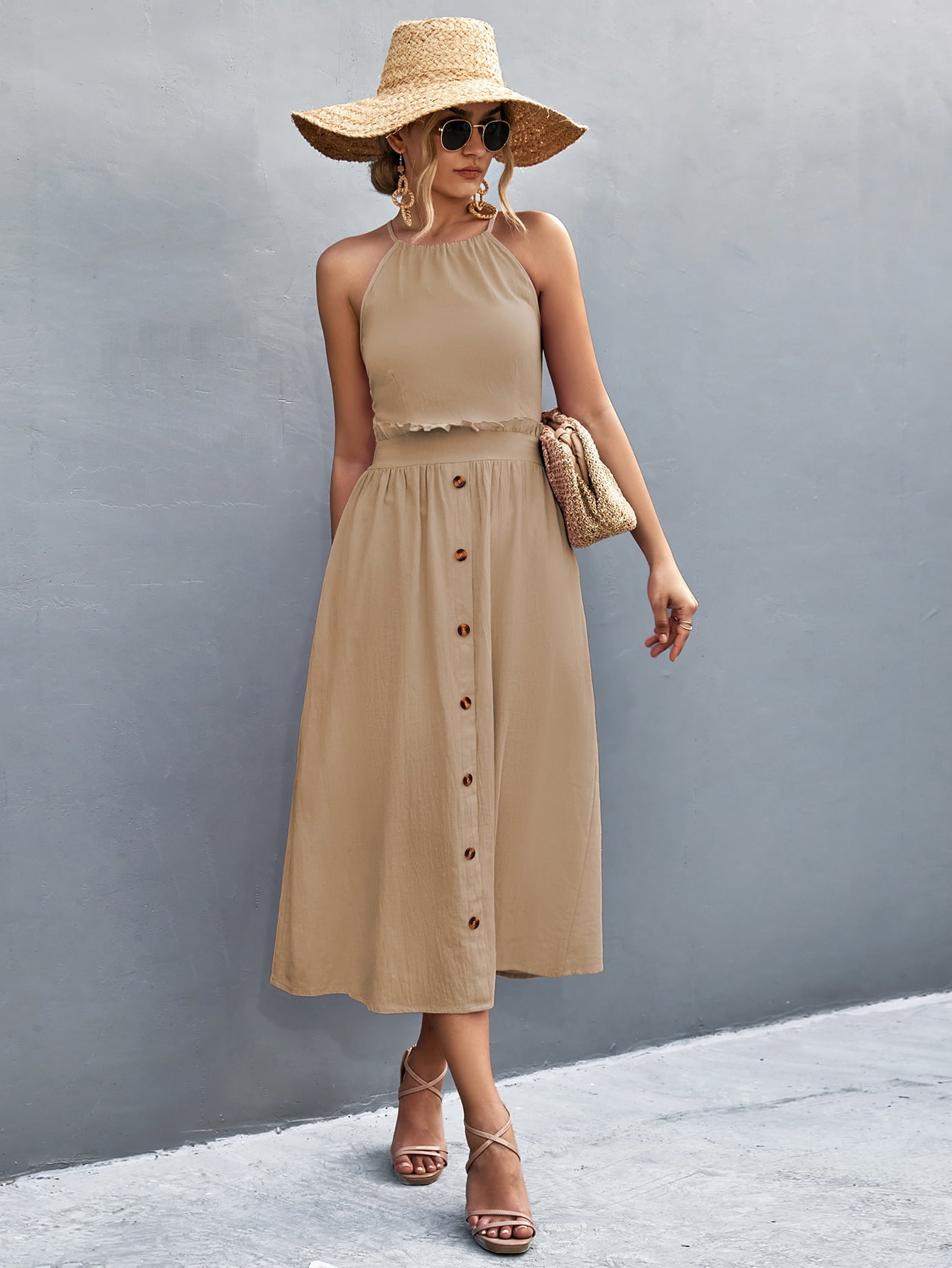 Khaki halter neck midi dress with frill trim and button-front skirt.