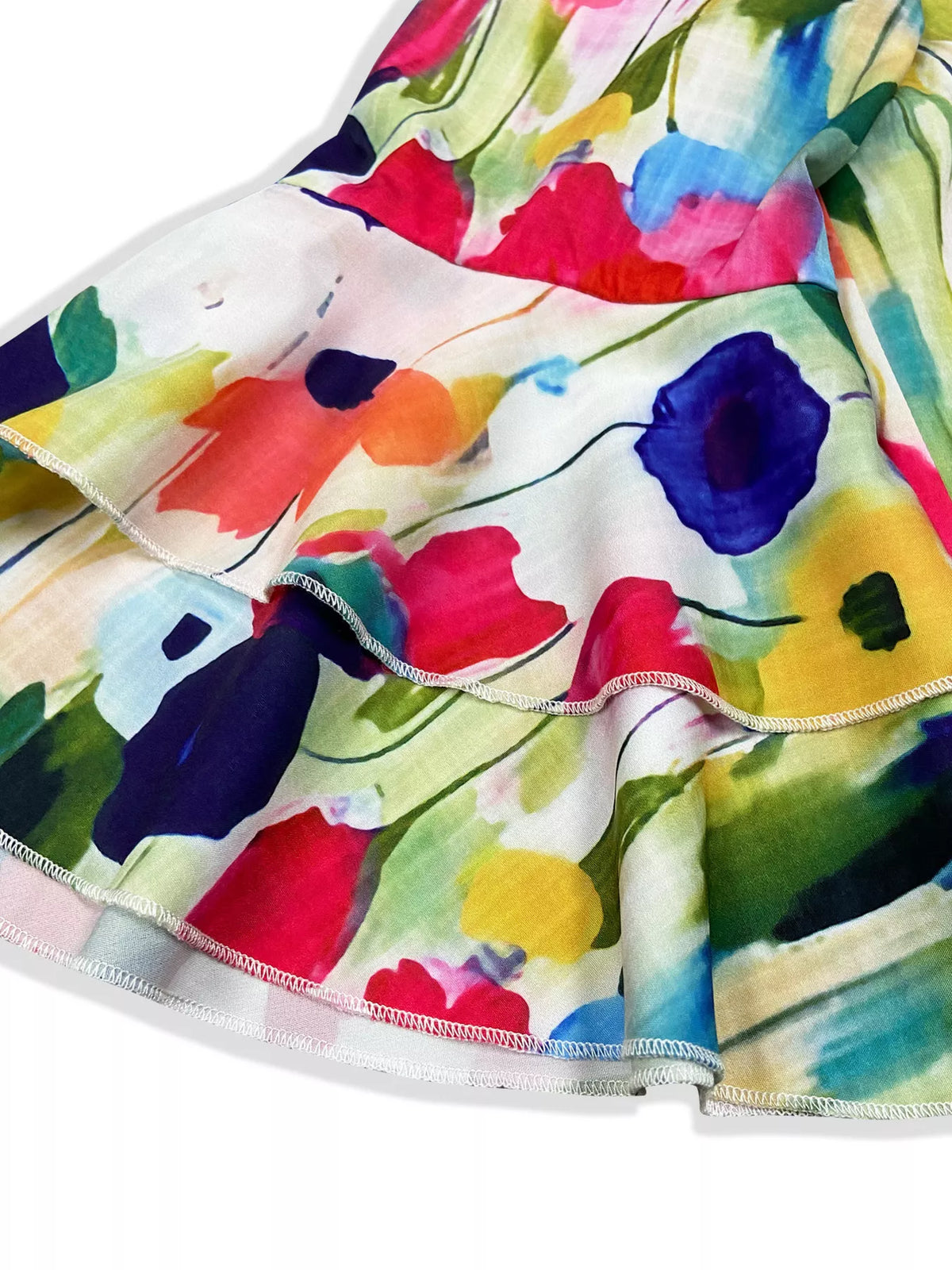 Floral mini dress skirt hem with layered ruffle sleeves, multicolor print