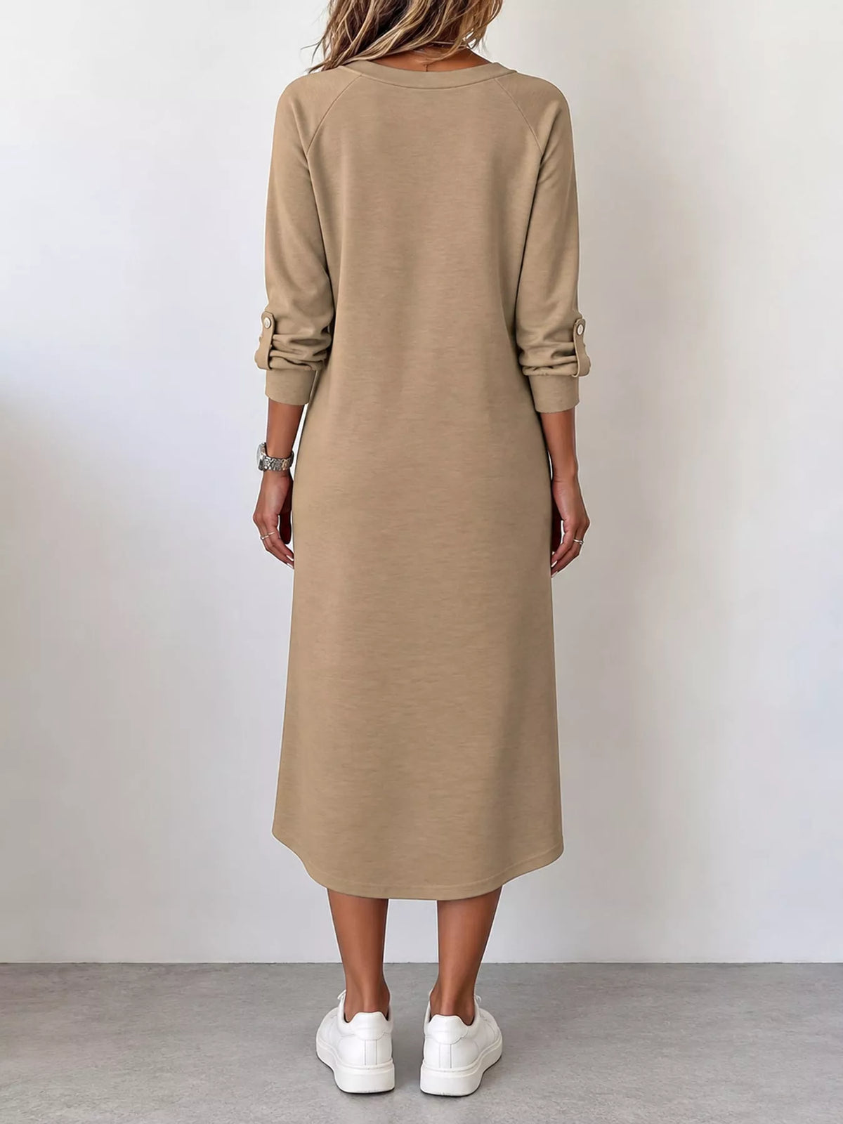 V-neck long-sleeve midi dress in light khaki-beige, back view with cuffed sleeves