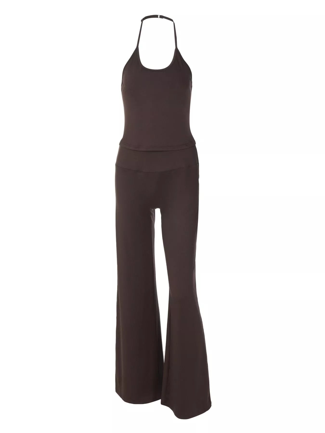 Dark brown halter neck crop top and matching flared pants set, studio view