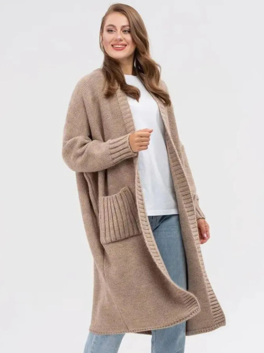 Khaki longline open-front cardigan with ribbed cuffs and two front patch pockets