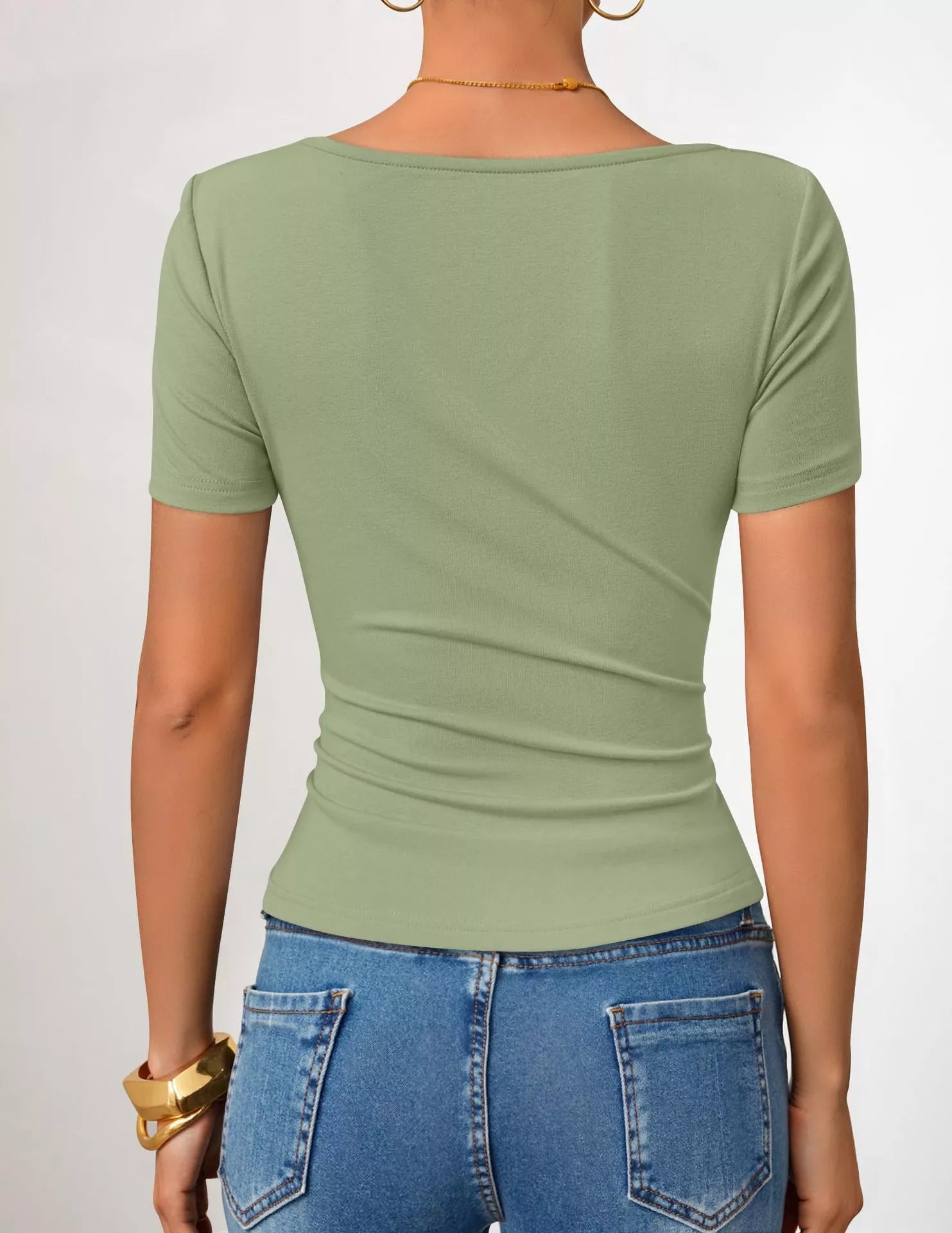 Cedar & Moore Asymmetrical Neckline Fitted T‑Shirt in sage green, back view