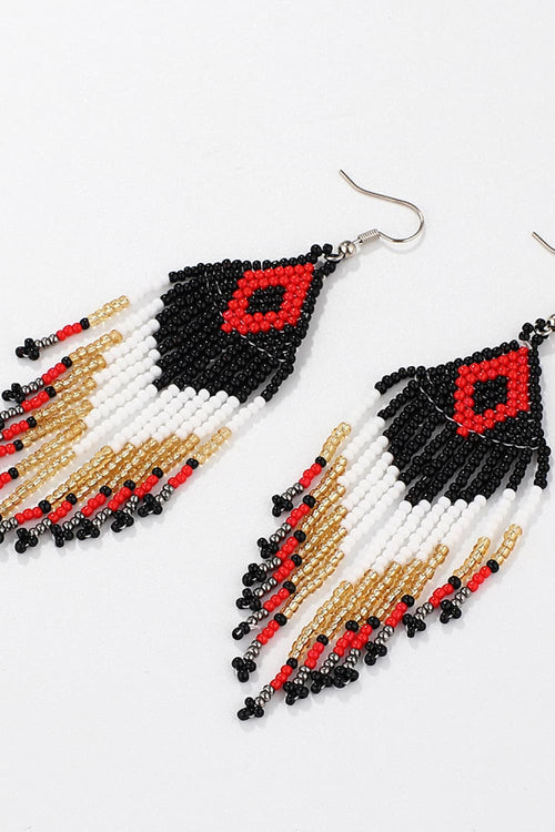 Beaded dangle earrings, black and white chevron with red diamond and multicolor beads