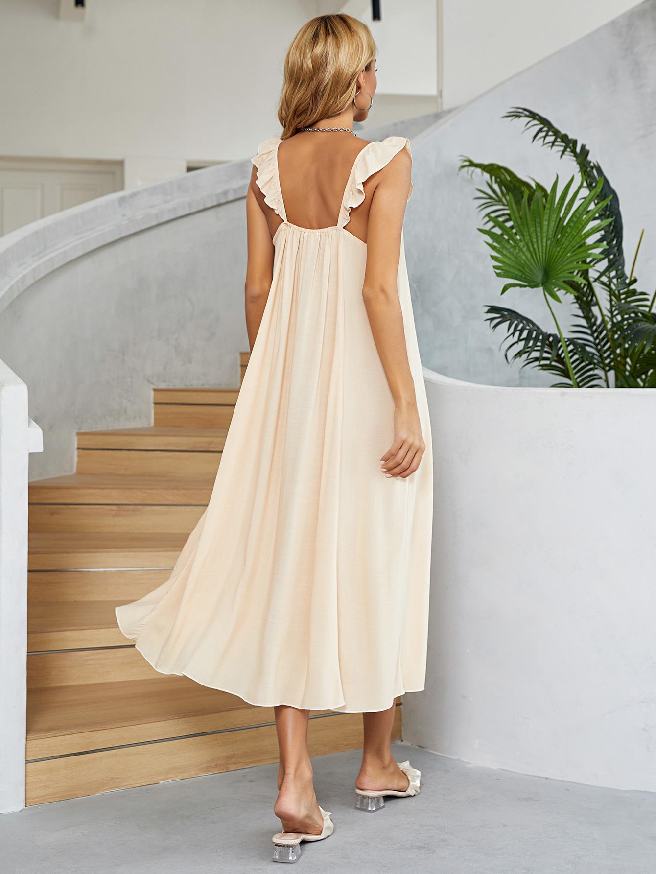 Cream ruffled midi dress, open back with V-shaped cut and flowing skirt