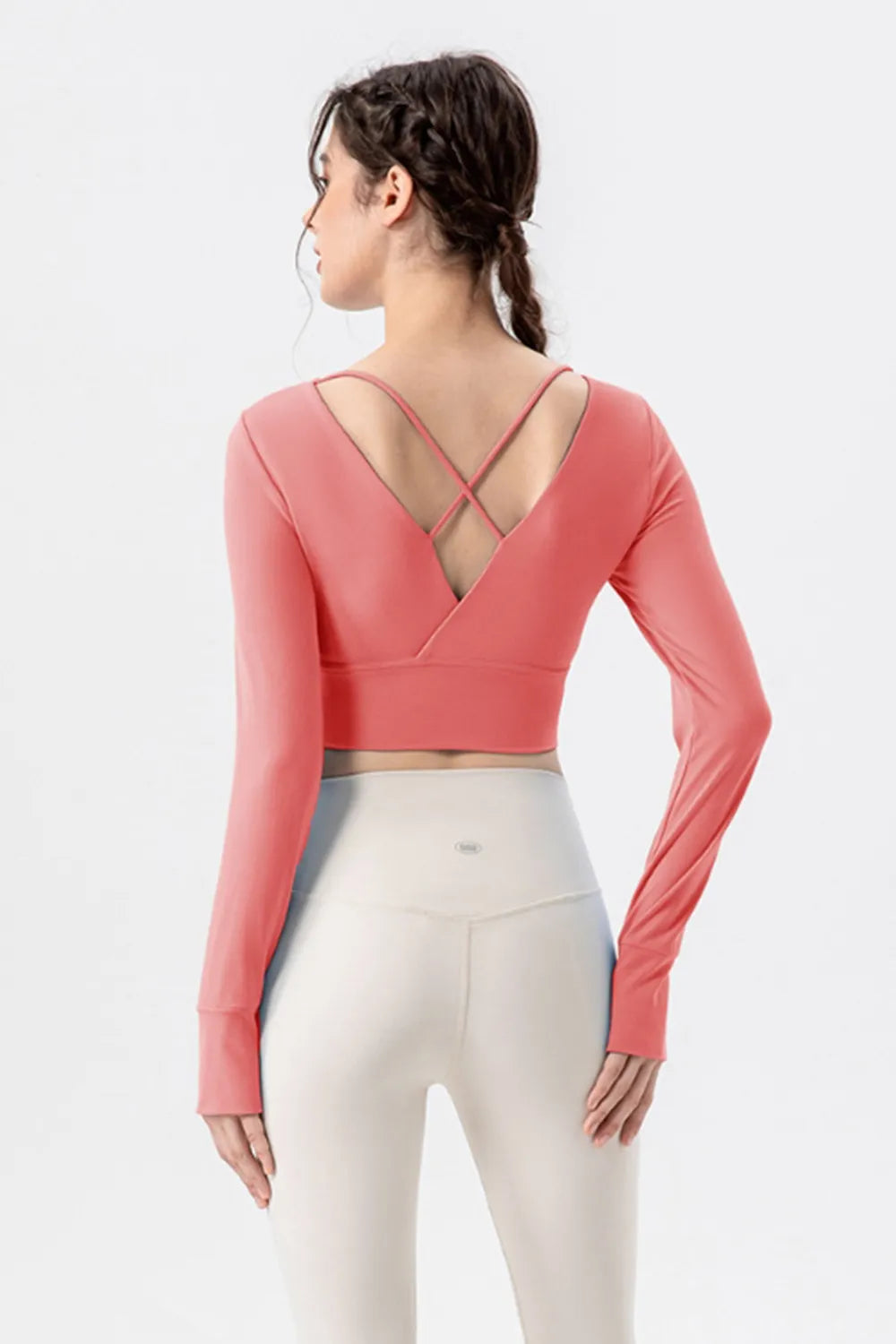 Coral pink active t-shirt with square back and crisscross strap details