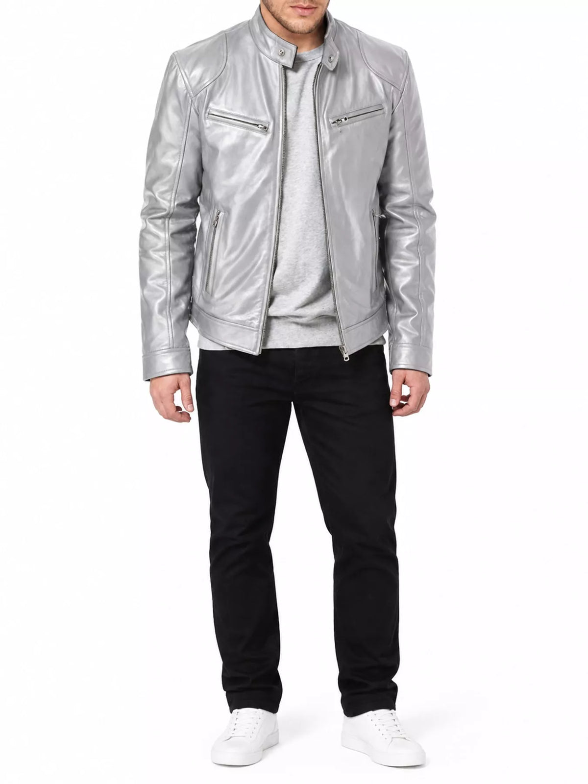 Men's zip-up vegan leather jacket, light gray color with snap collar and zip front.
