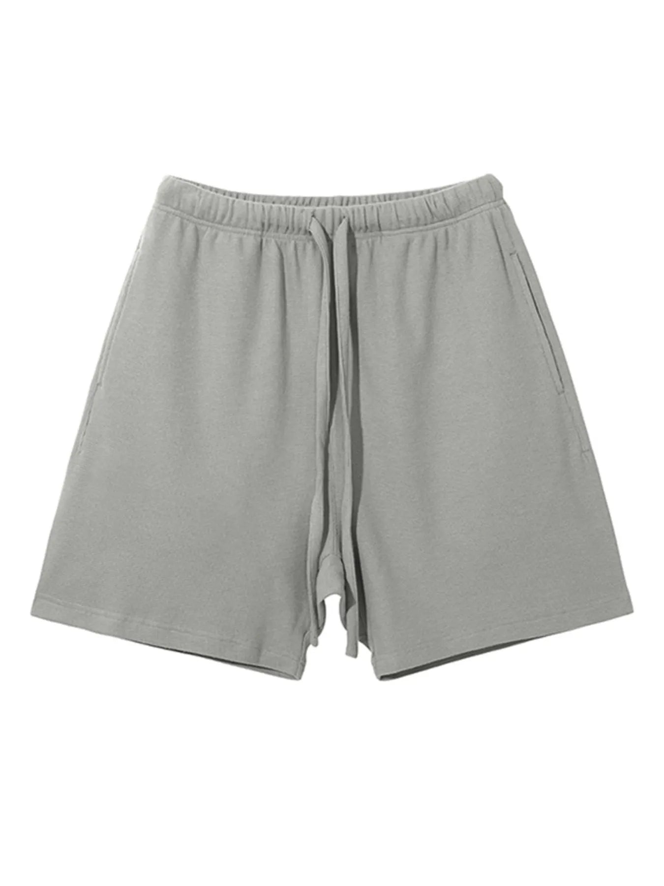 Men's drawstring waffle shorts, light gray, elastic waist with tie strings, front view.