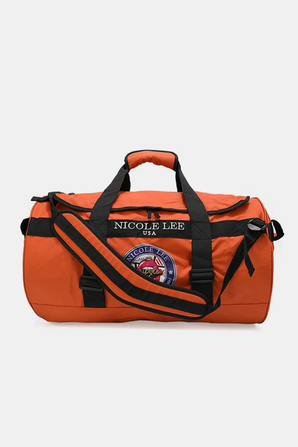 Nicole Lee USA large duffel bag, orange fabric with black straps and front zip pocket