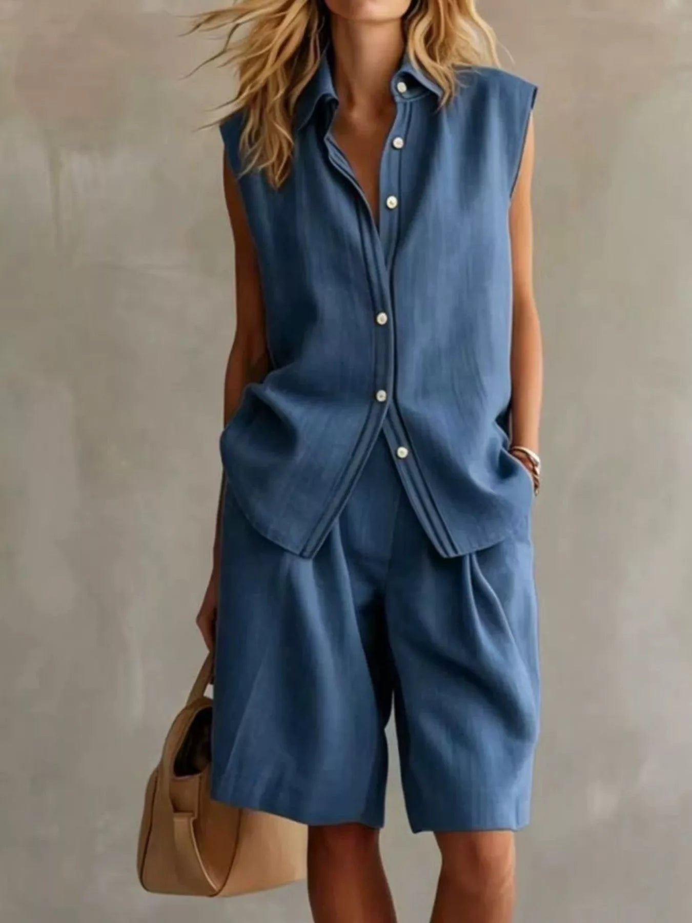 Sleeveless button-up top and shorts set, blue with front buttons and patch pockets