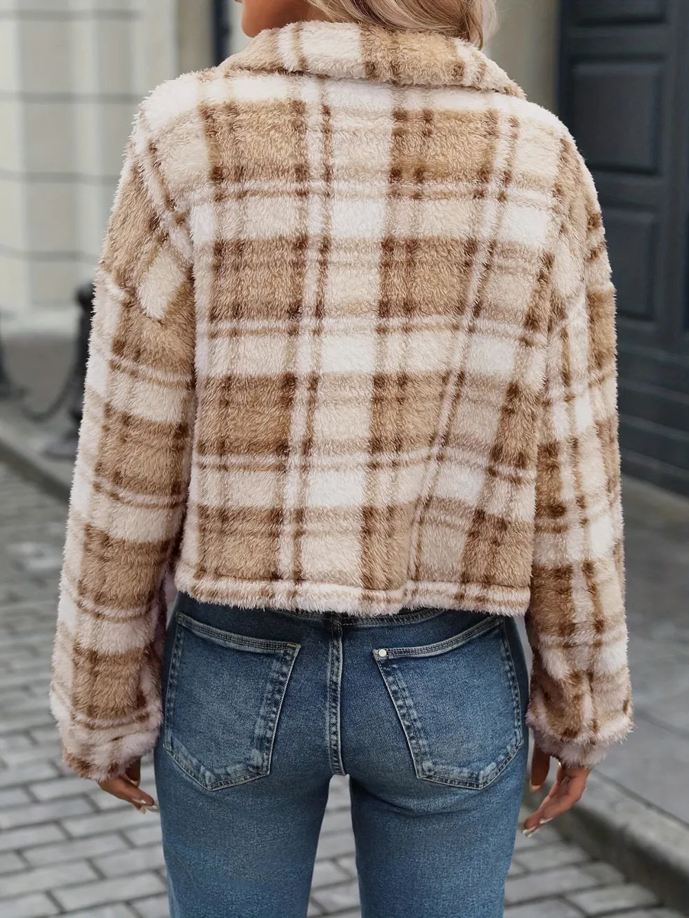 Plaid camel fleece button-up collared jacket, back view, long sleeves