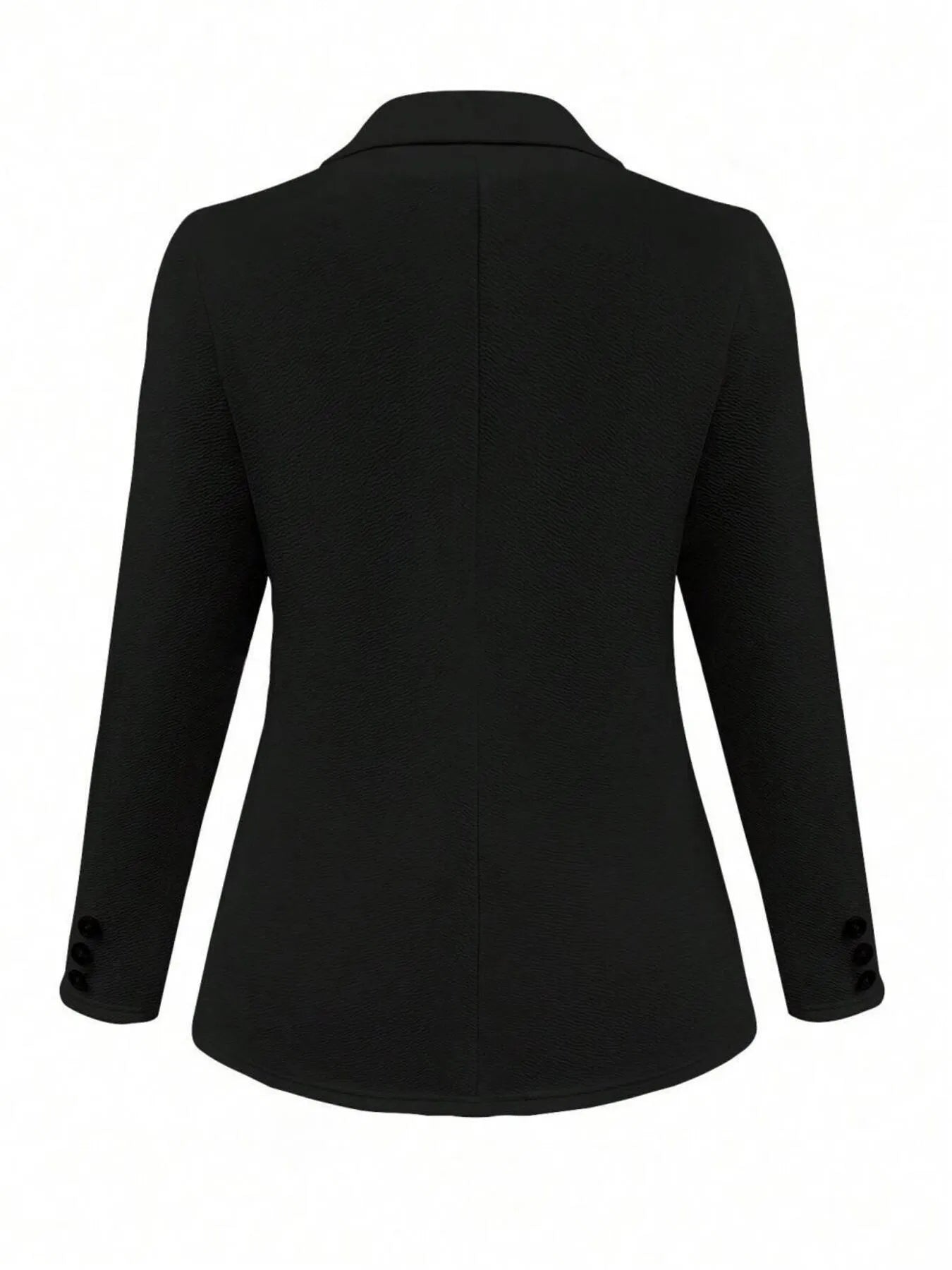 Black blazer back view with seam detail and gold-button cuffs