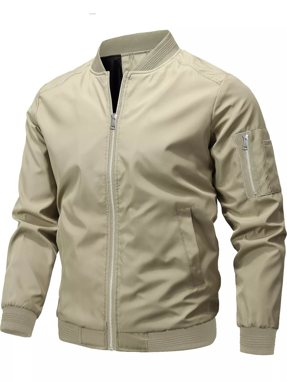 Lightweight bomber jacket in off-white with front zipper and ribbed cuffs/hem