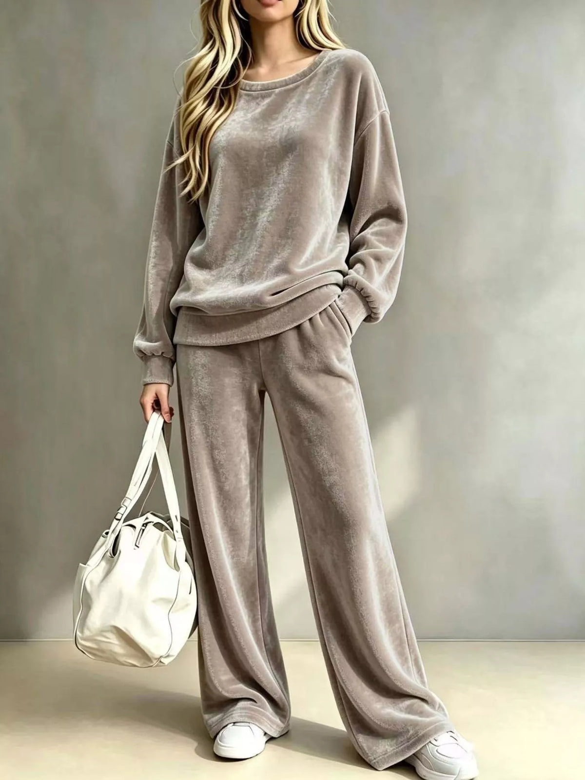 Khaki velvet two-piece set with dropped-shoulder sweatshirt and wide-leg pants