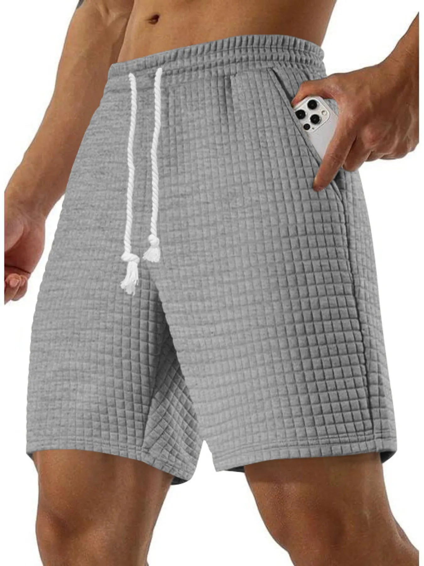 Light gray knit drawstring shorts with adjustable waist and side pockets