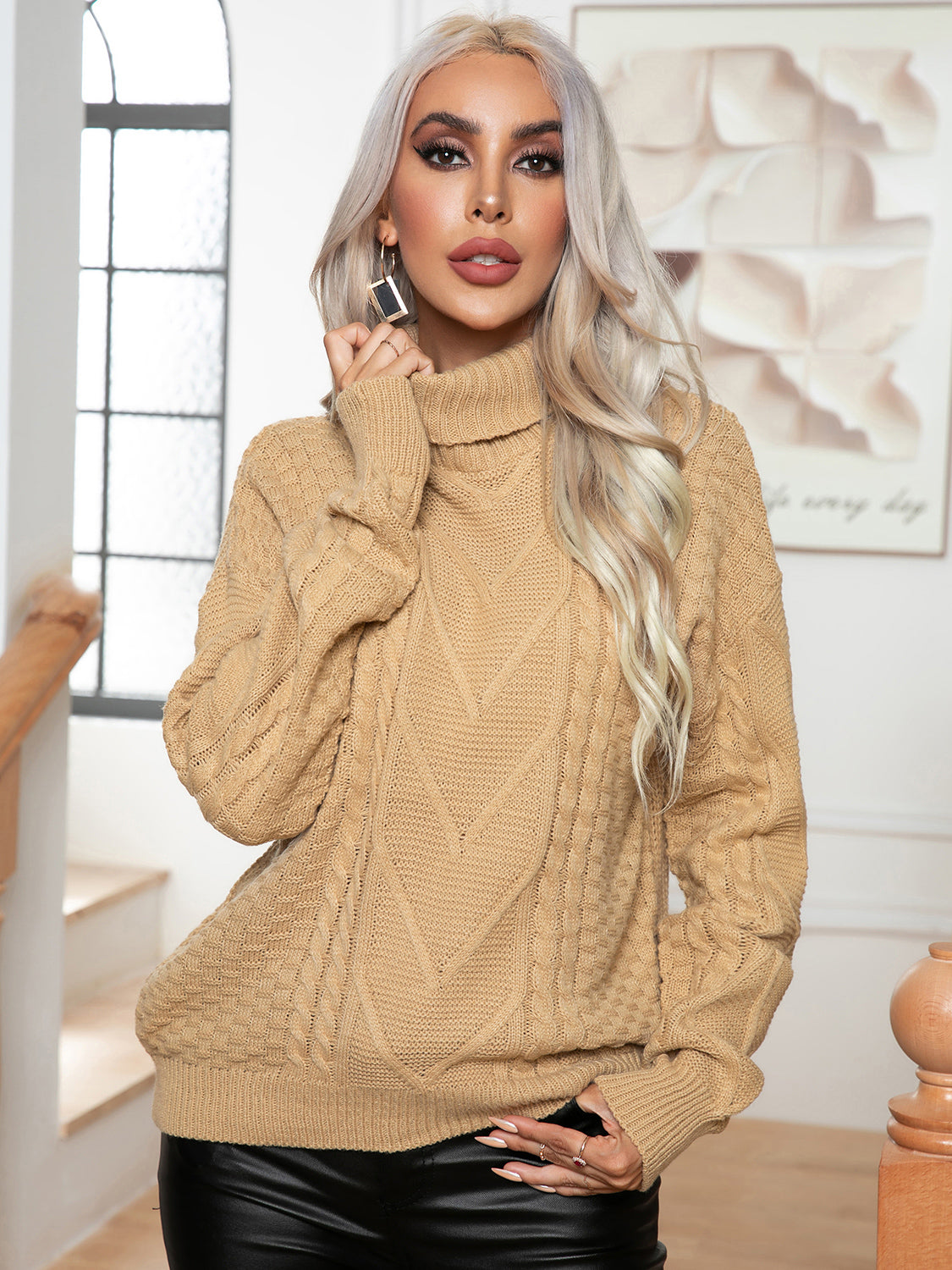 Khaki cable-knit turtleneck long sleeve sweater, front view with ribbed collar and cuffs