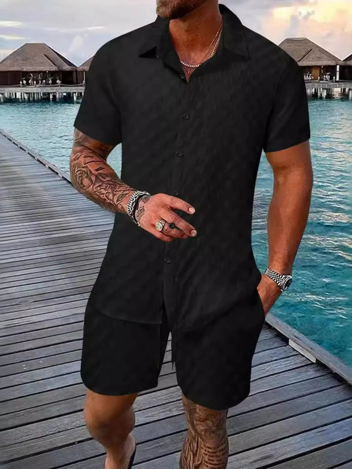Black textured collared short-sleeve shirt and matching shorts set, button front