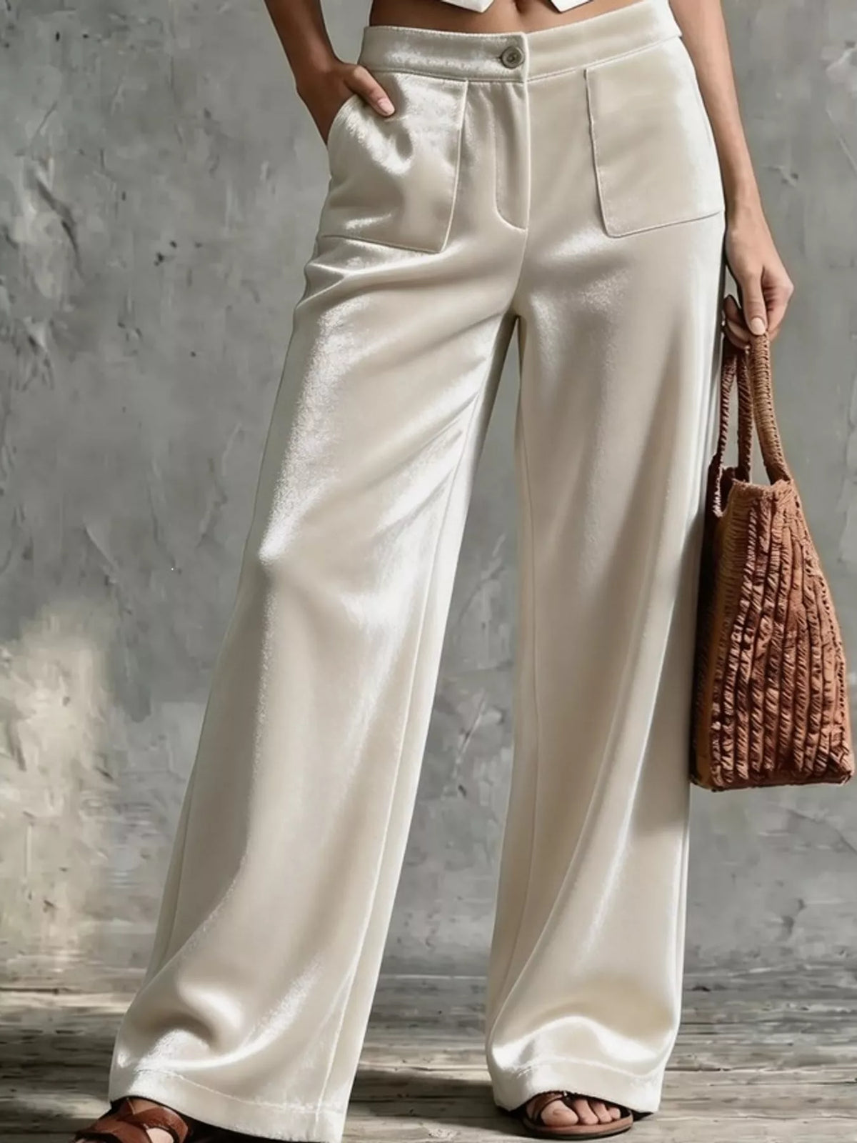 Off-white high-waisted wide-leg velvet pants with front pockets and center seam