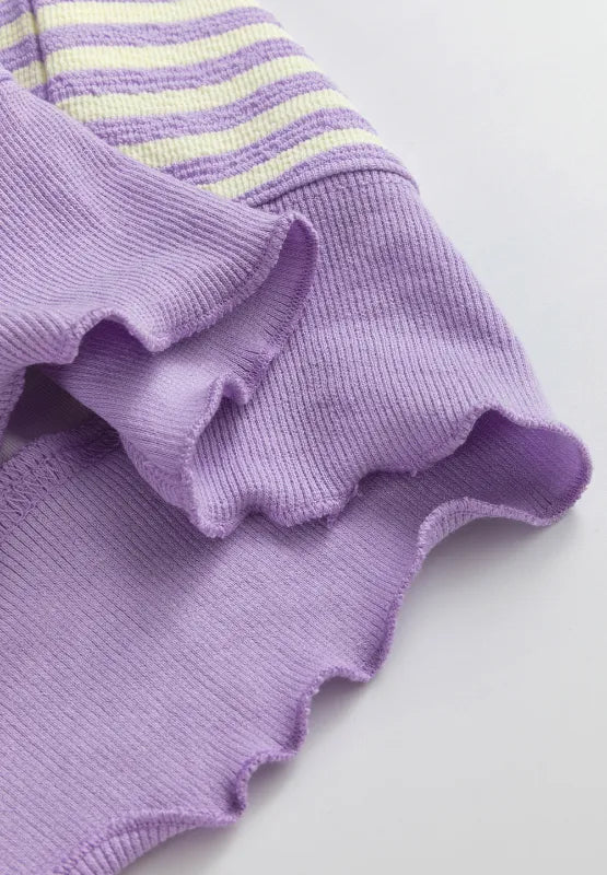 Lavender striped long-sleeve sweatshirt with ribbed hem and cuff fold