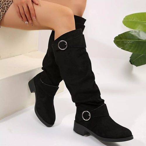 Black slouch boots with buckle accents and round-toe block heel.
