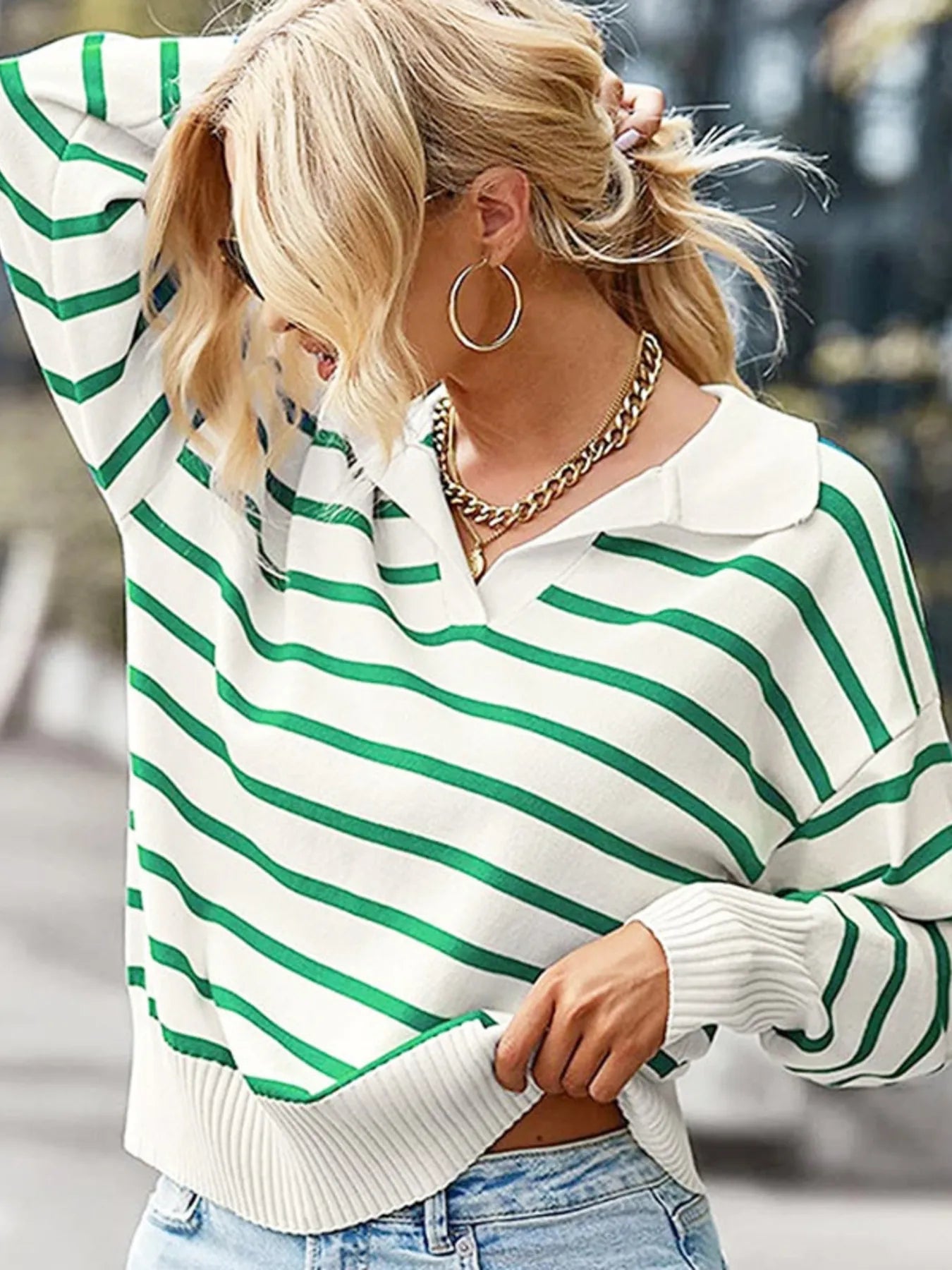 Long-sleeve striped sweater with ribbed hem and cuffs, cream knit with green stripes