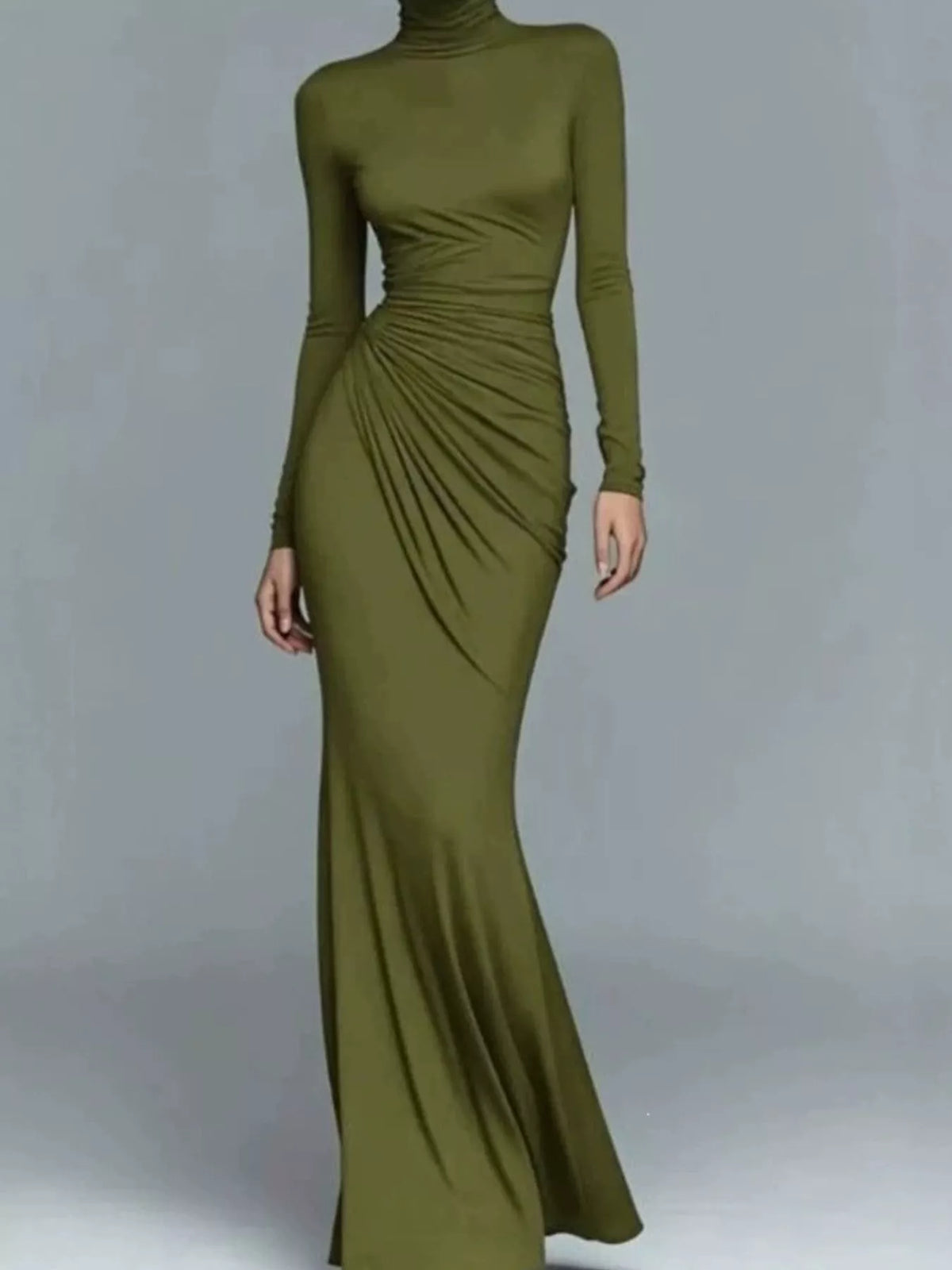 Olive green ruched turtleneck maxi dress with long sleeves and side drape