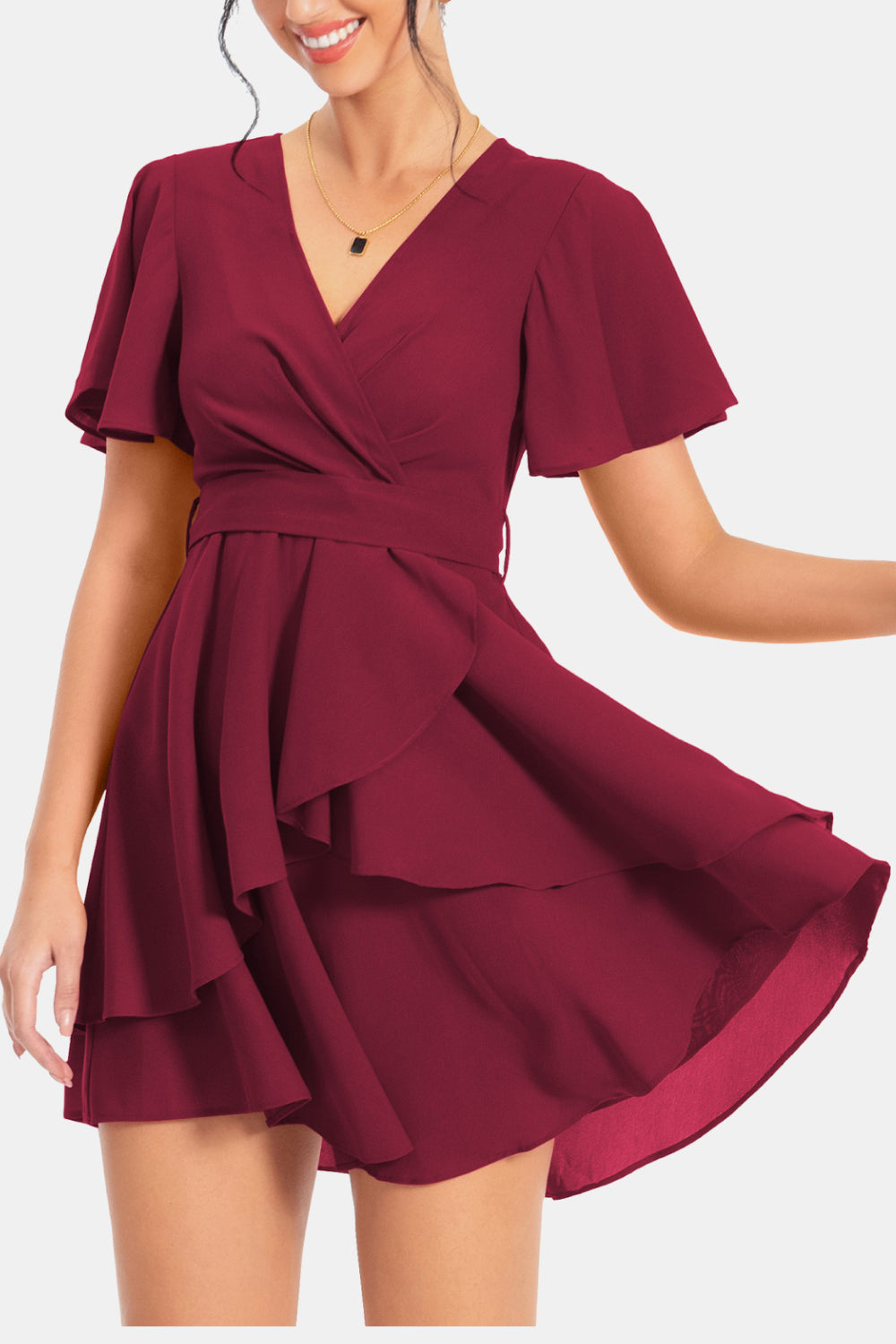 Wine surplice neck flutter sleeve dress with tiered ruffle skirt and wrap waist