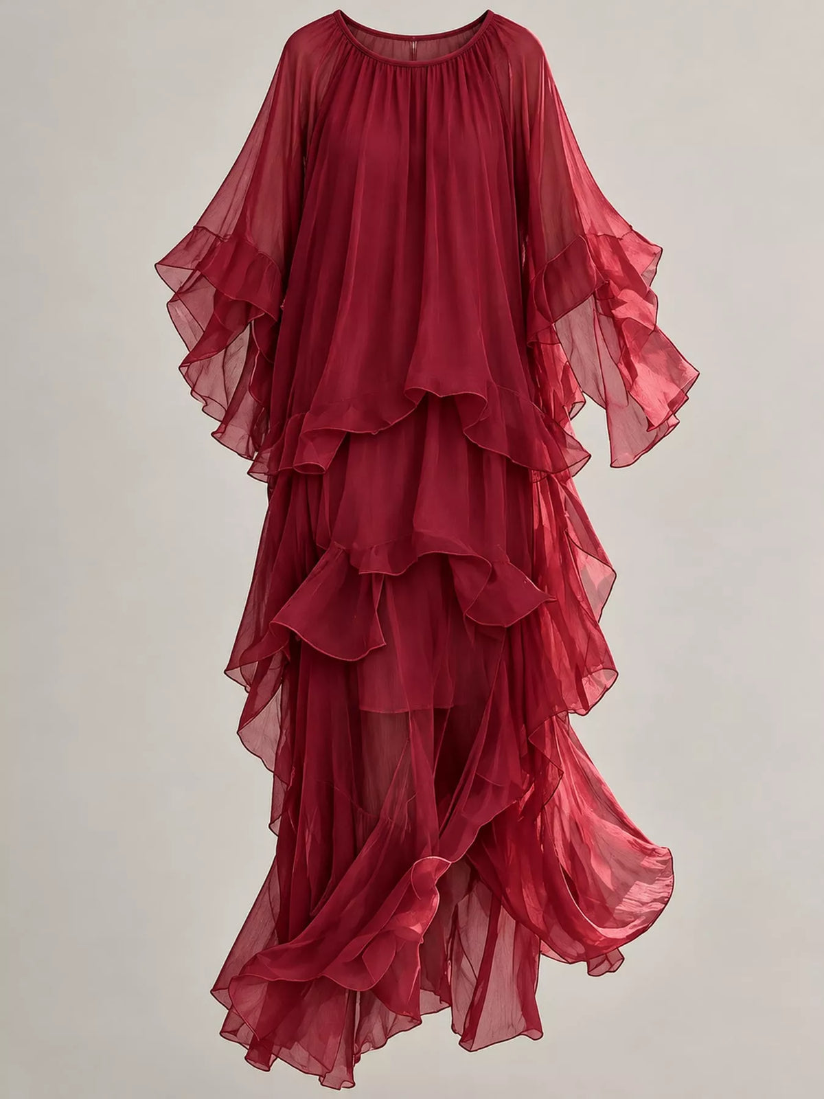 Burgundy layered maxi dress, ruffled tiered back with sheer flutter sleeves