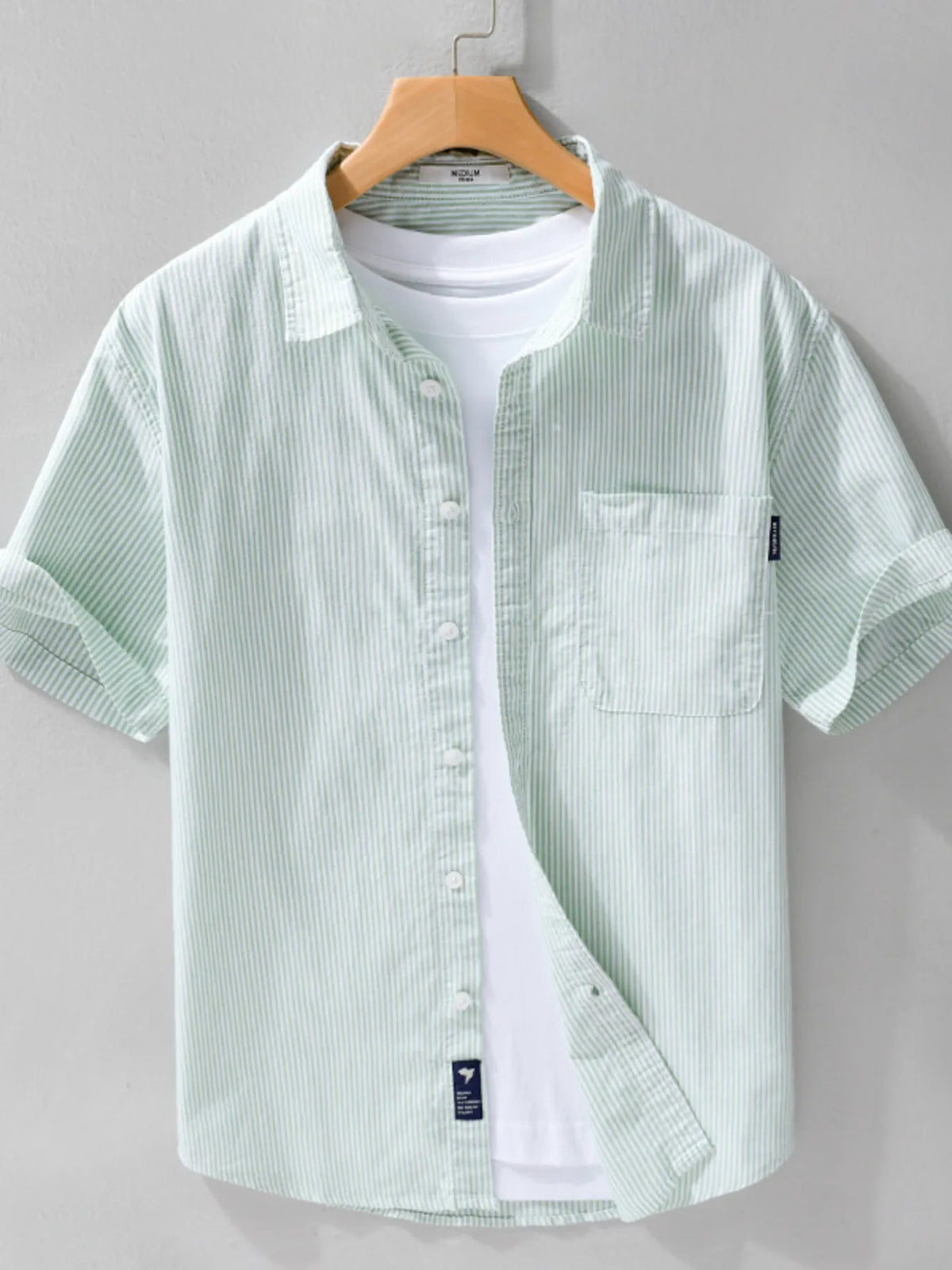 Men's striped short-sleeve button shirt, green and white vertical stripes