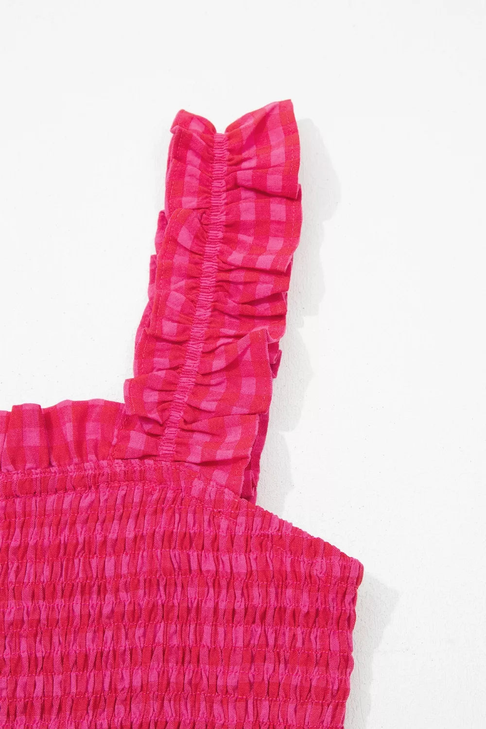 Deep rose square-neck sundress neckline with ruffled shoulder straps and smocked top