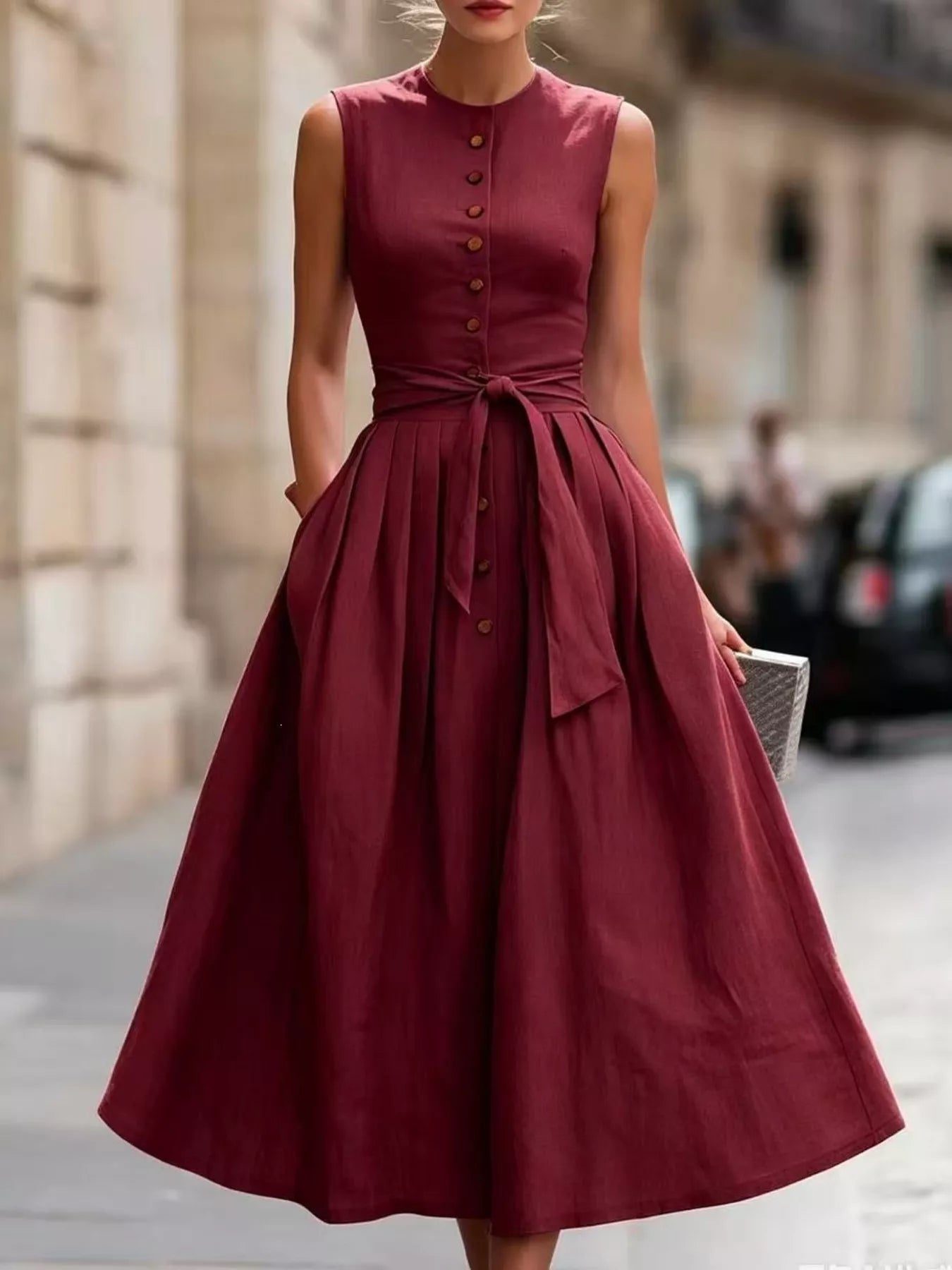 Burgundy sleeveless button-front belted midi dress with tied waist belt and full skirt
