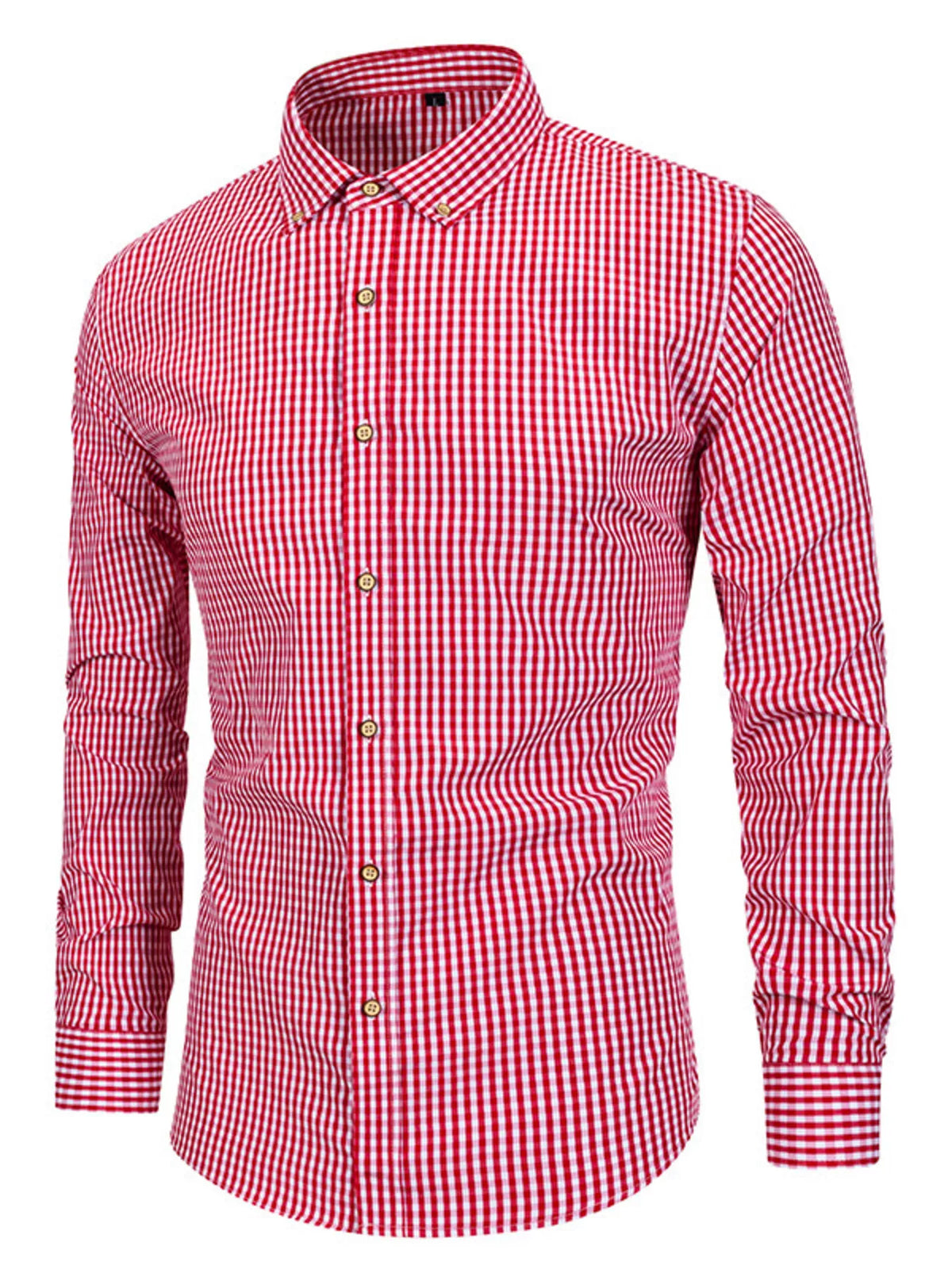 Men's red gingham button-down shirt with long sleeves and collar buttons