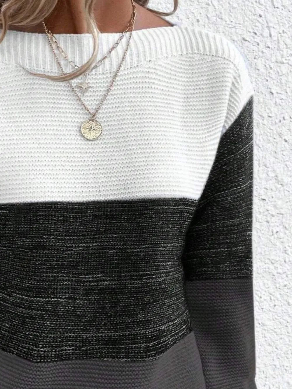 Color block boat neck sweater, white and dark gray knit