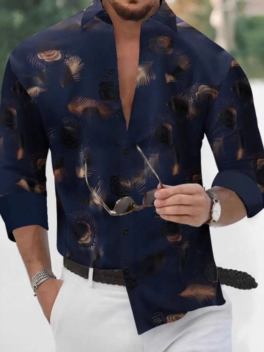 Men's button-up long-sleeve shirt in navy with rose and feather print
