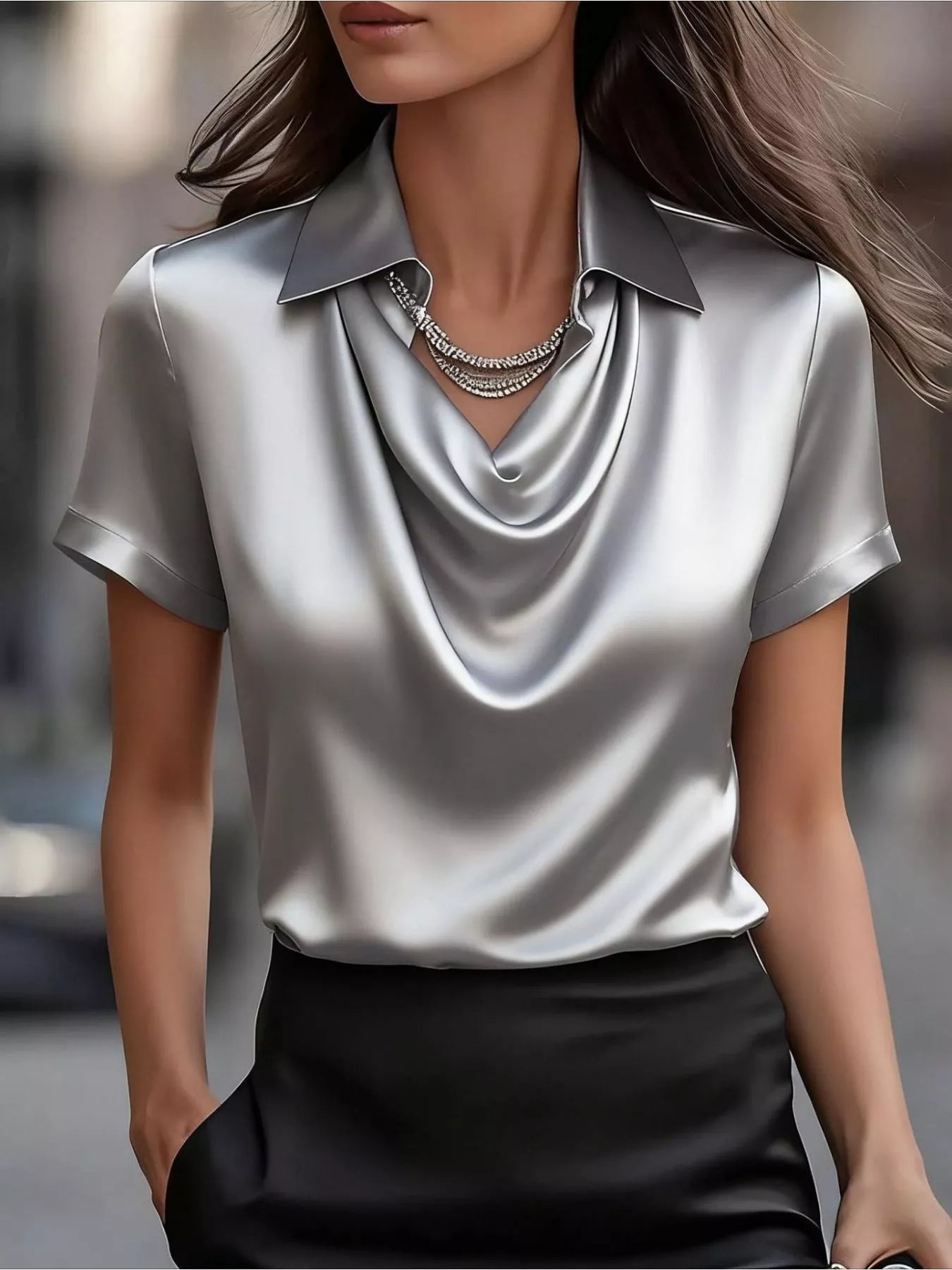 Satin cowl-neck short-sleeve blouse in light gray, draped V cowl neckline, pointed collar