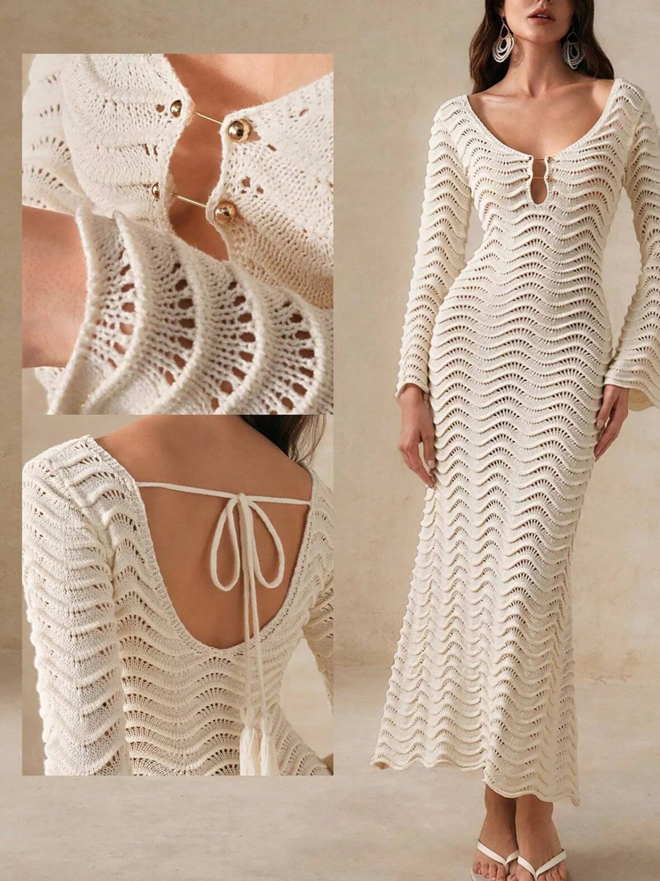 Apricot crochet maxi dress detail: open-knit back with lace-up tie
