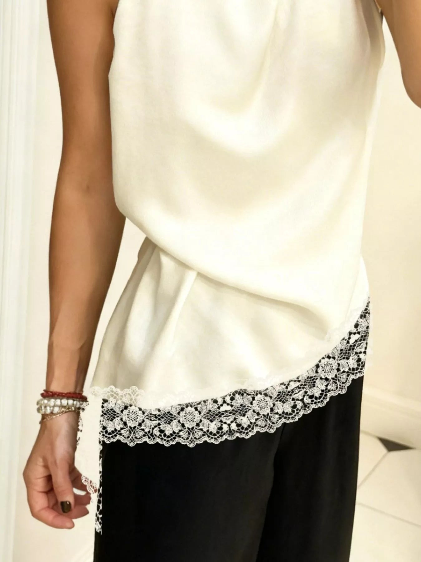Cedar & Moore High Neck Lace Trim Cami, white satin with lace trim, Trendsi
