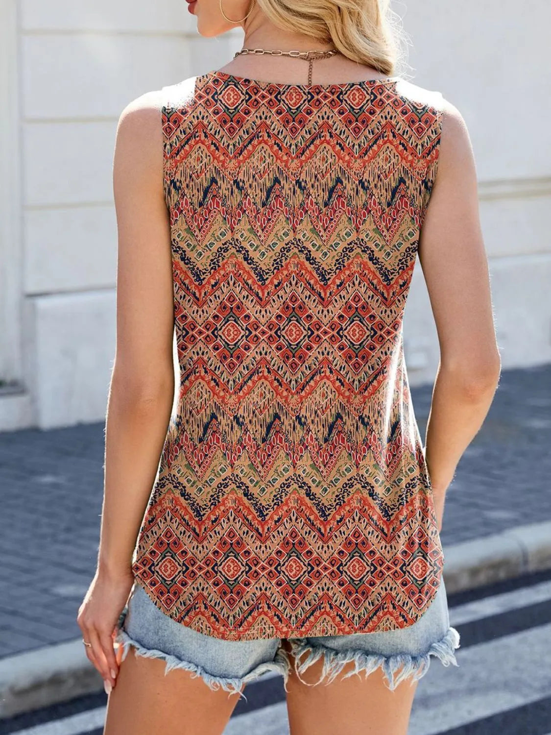 Printed scoop neck wide-strap tank shown from back, multicolor diamond pattern