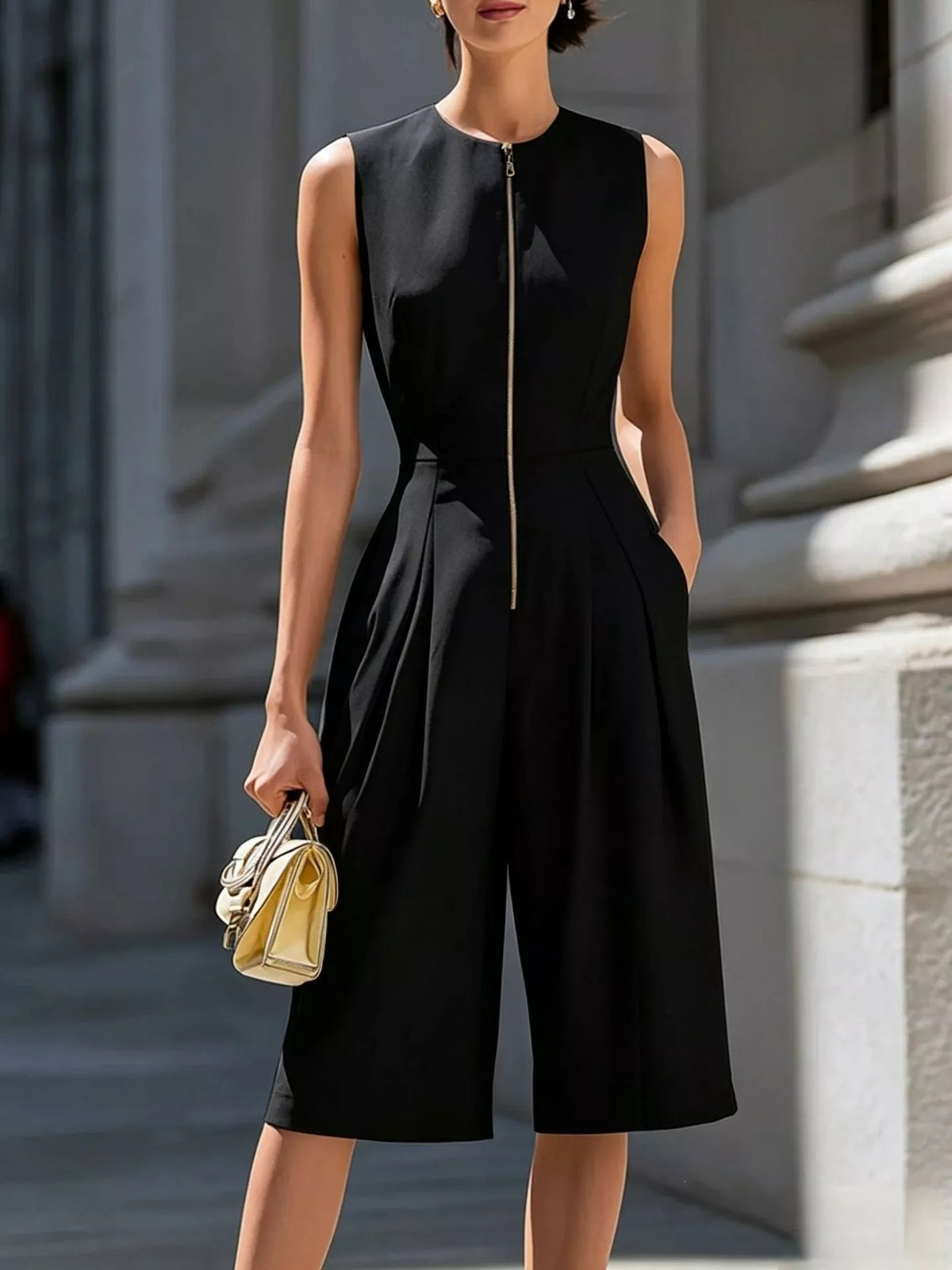 Black sleeveless wide-leg zipper jumpsuit with pockets