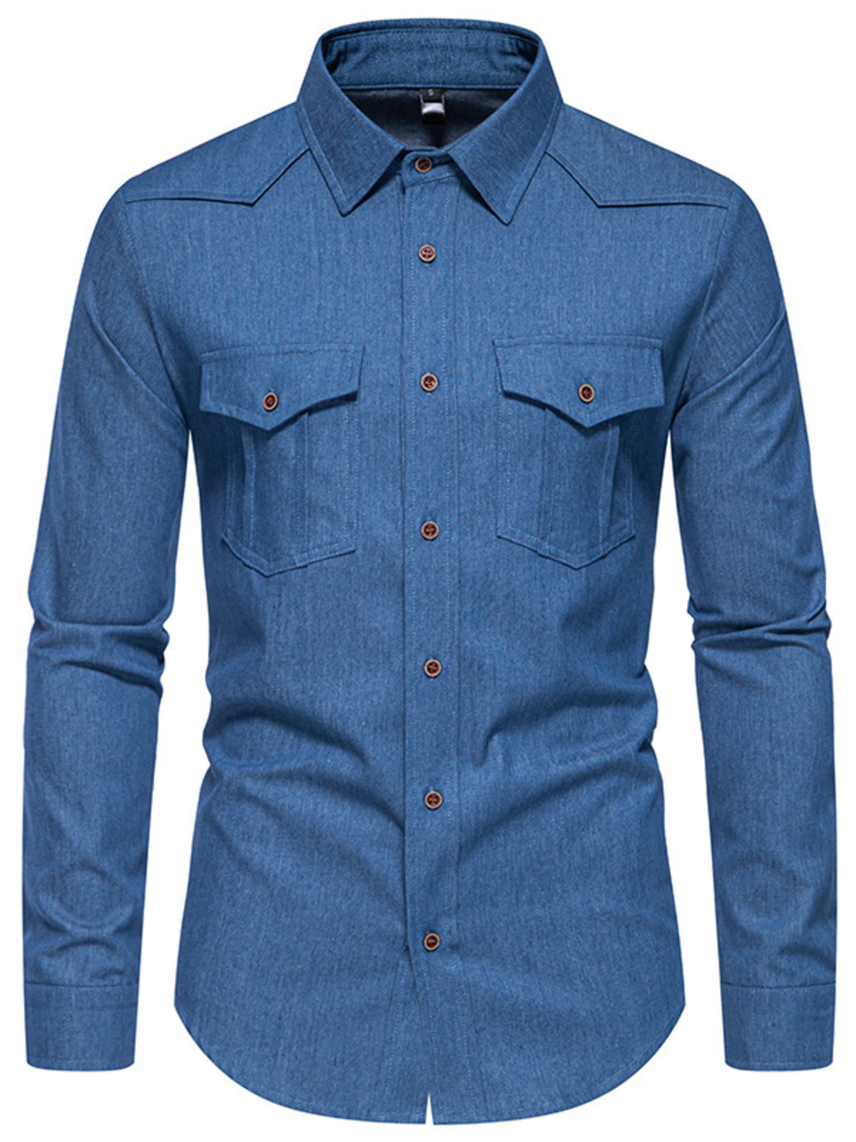 Men’s dark blue denim long-sleeve shirt with button front and chest pockets