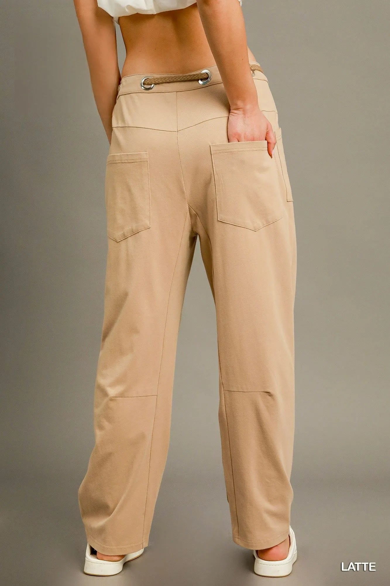 Latte cargo pants with two front pockets, belt loops, and drawstring waist