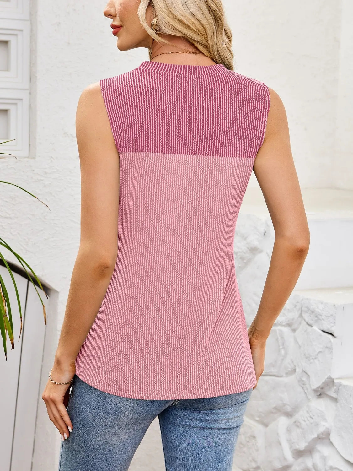 Textured round neck sleeveless tank, dusty pink back with plum yoke panel.
