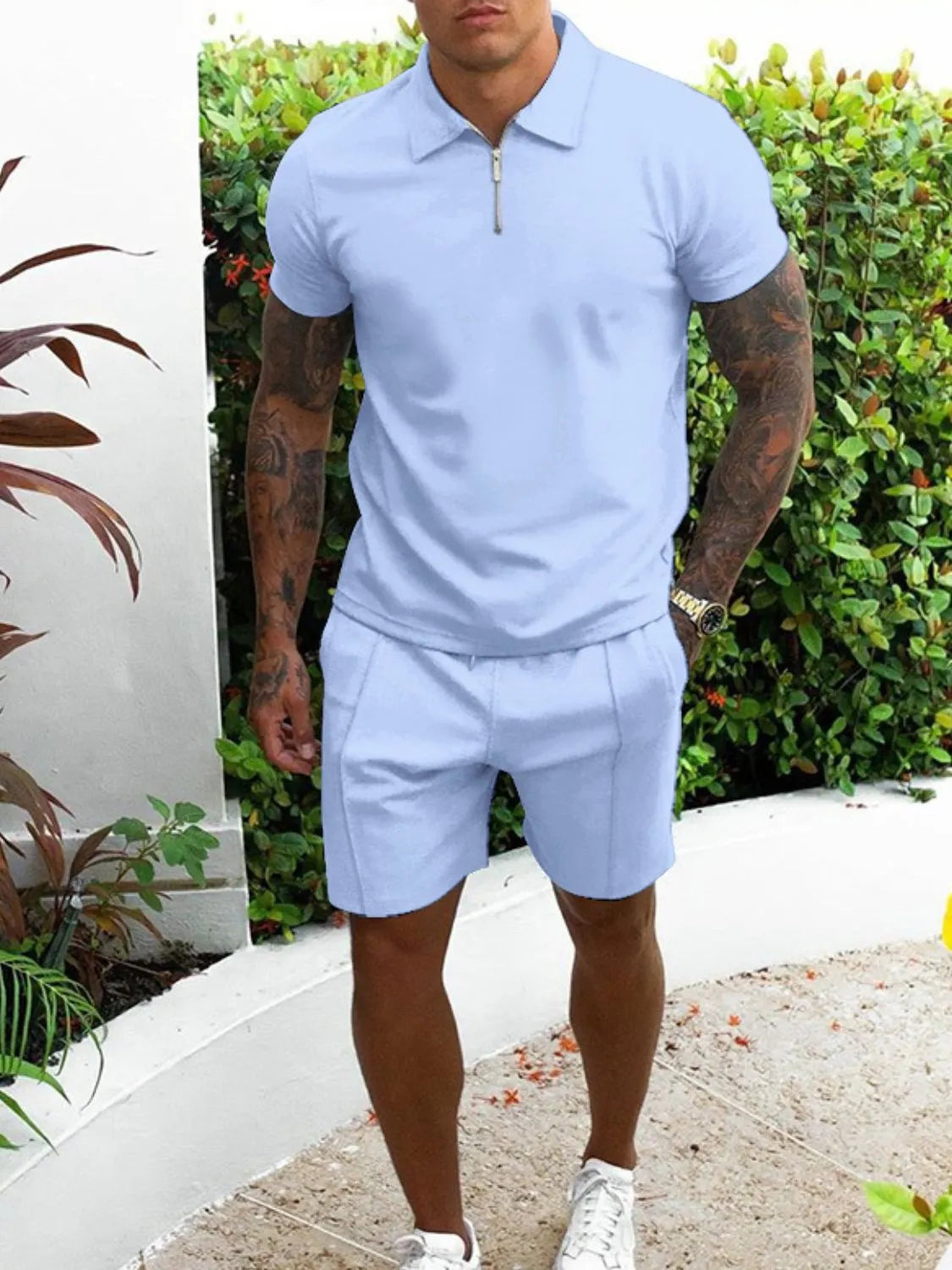 Men's collared top and shorts set, light blue zip polo and matching shorts
