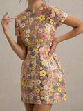 Cedar & Moore Floral sequin short-sleeve mini dress with multicolor blossoms