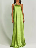Cedar & Moore One-Shoulder Rhinestone Satin Maxi Dress with jeweled shoulder strap in lime green