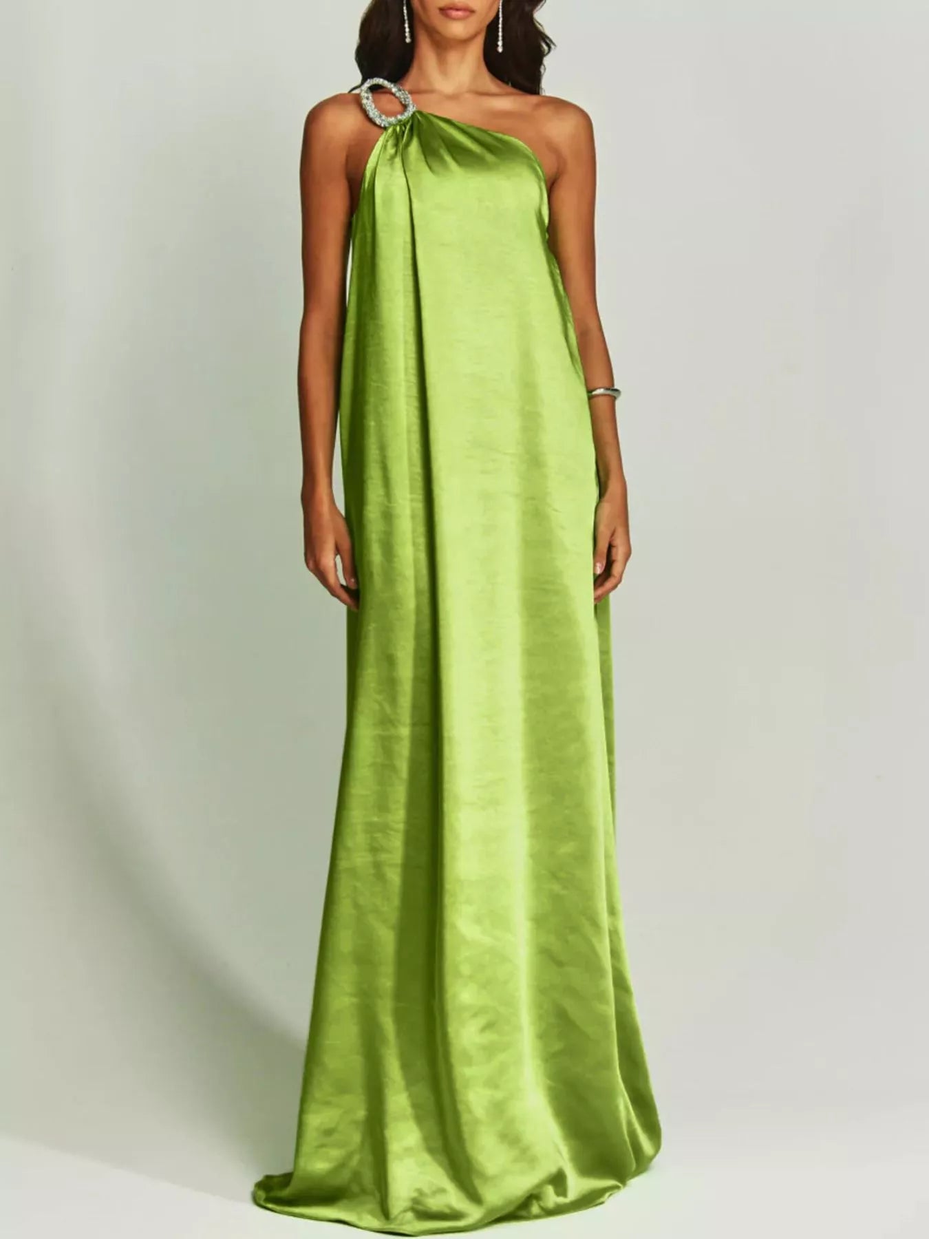 Cedar & Moore One-Shoulder Rhinestone Satin Maxi Dress with jeweled shoulder strap in lime green