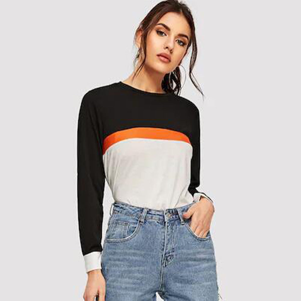 Cedar & Moore Shiny Color Block Round Neck Long Sleeve Tee, black/orange/white color block, Trendsi