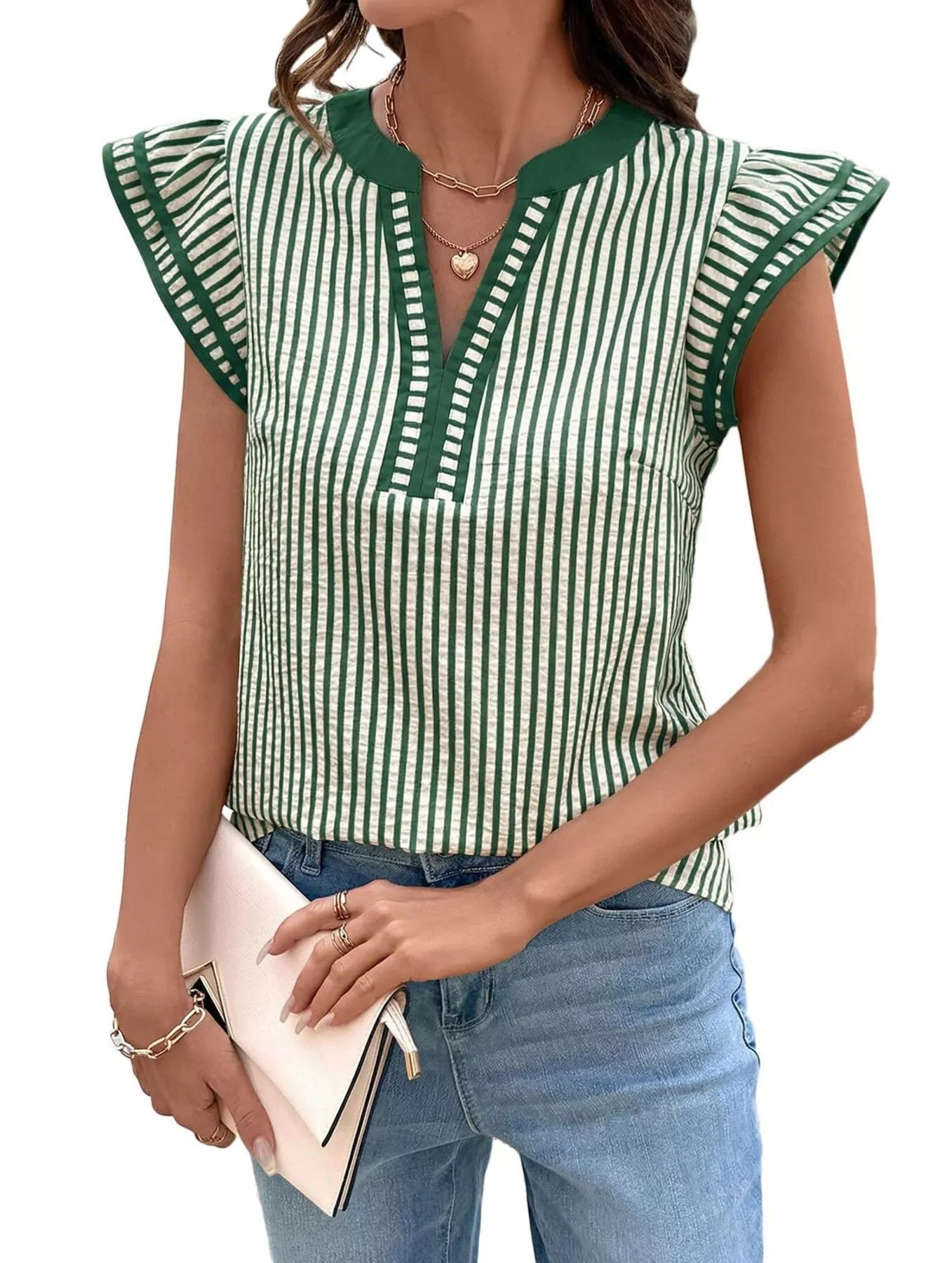 Striped Ruffle Sleeve Blouse in green and white with green trim by Trendsi