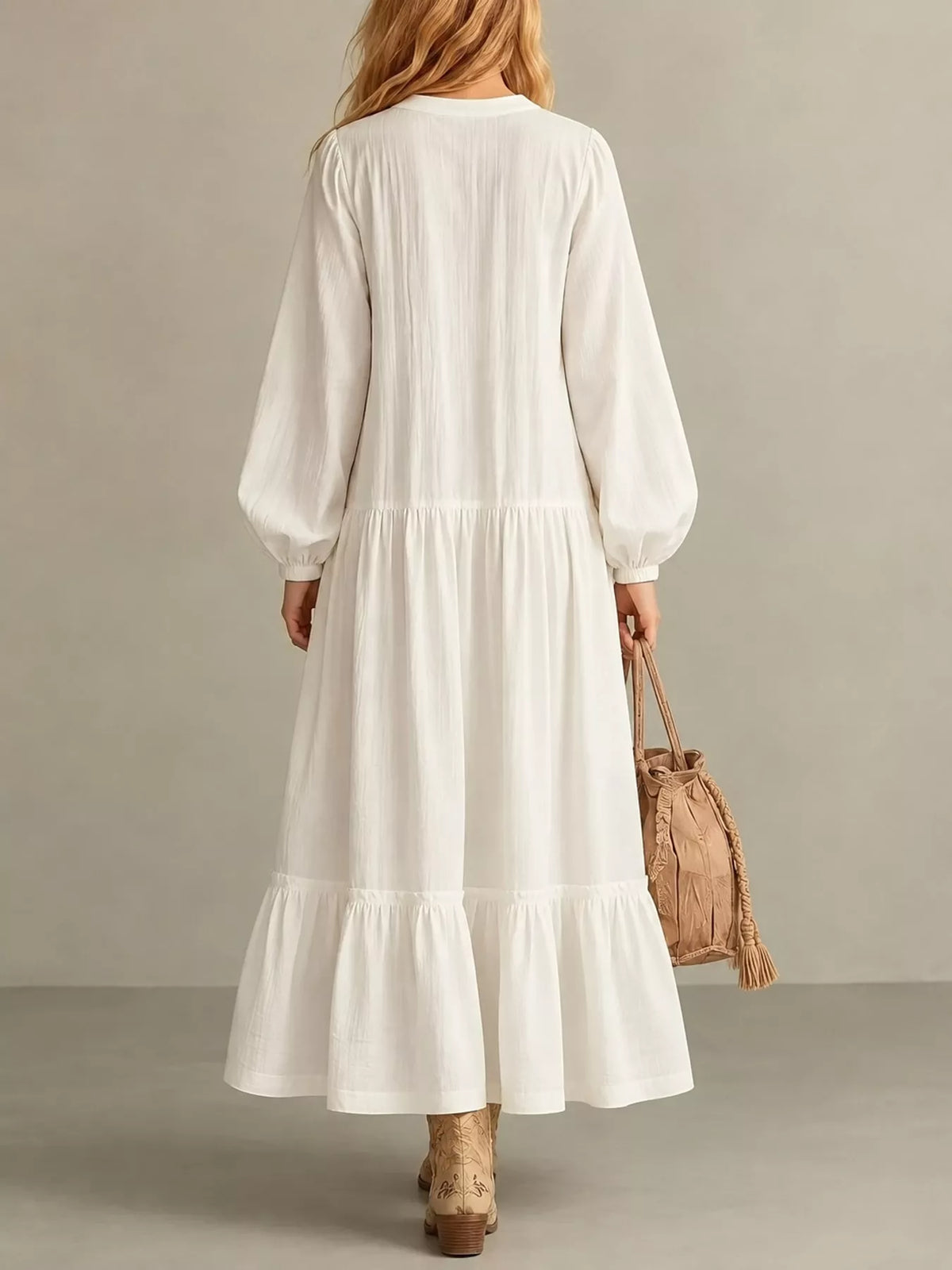 Ivory tiered button-front maxi dress, back view with long puff sleeves